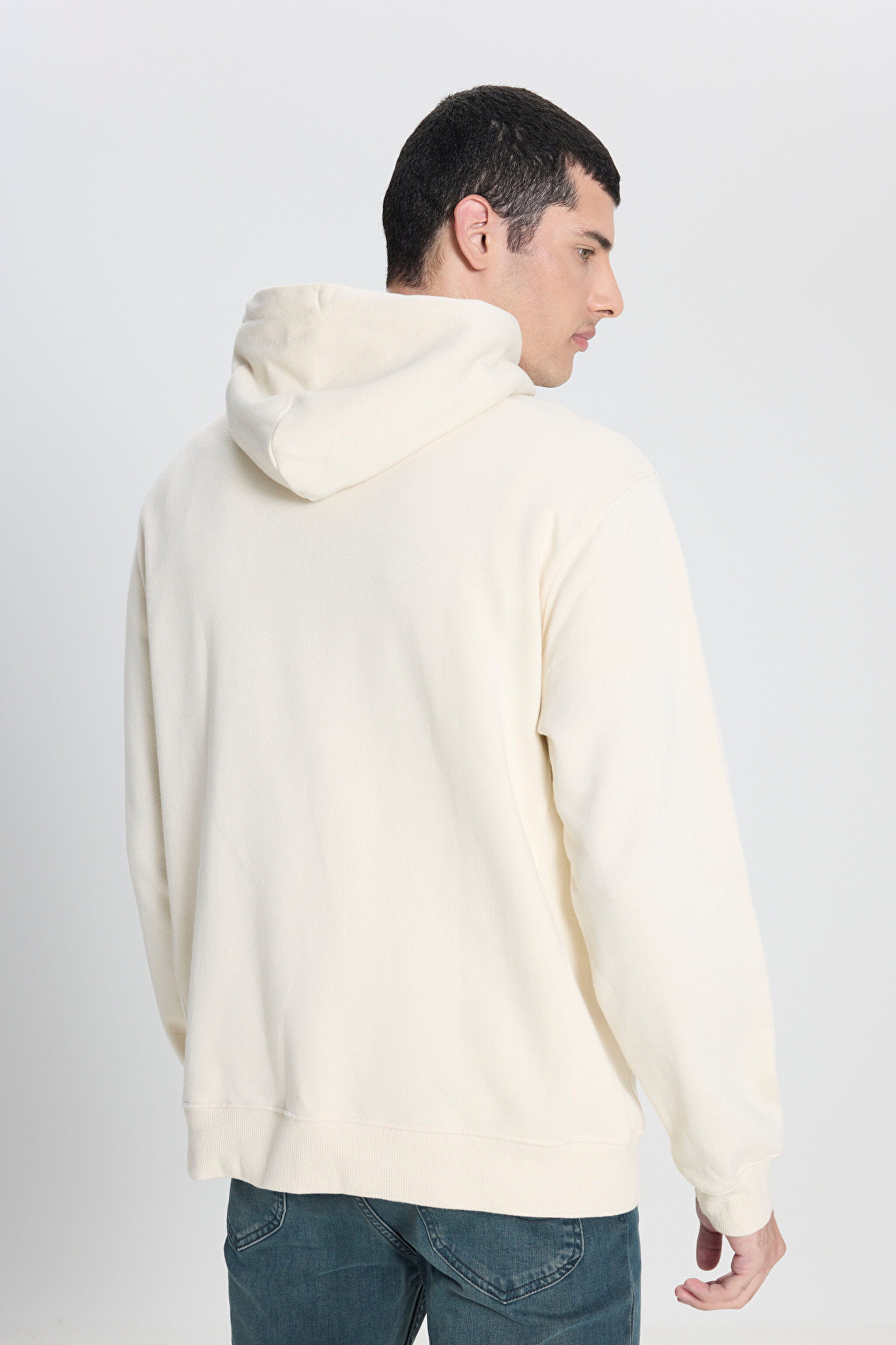 Regular Fit Normal Kesim %100 Pamuk Kapüşonlu Şardonlu Kırık Beyaz Sweatshirt - Off White-L80YRY102 (görsel 5)