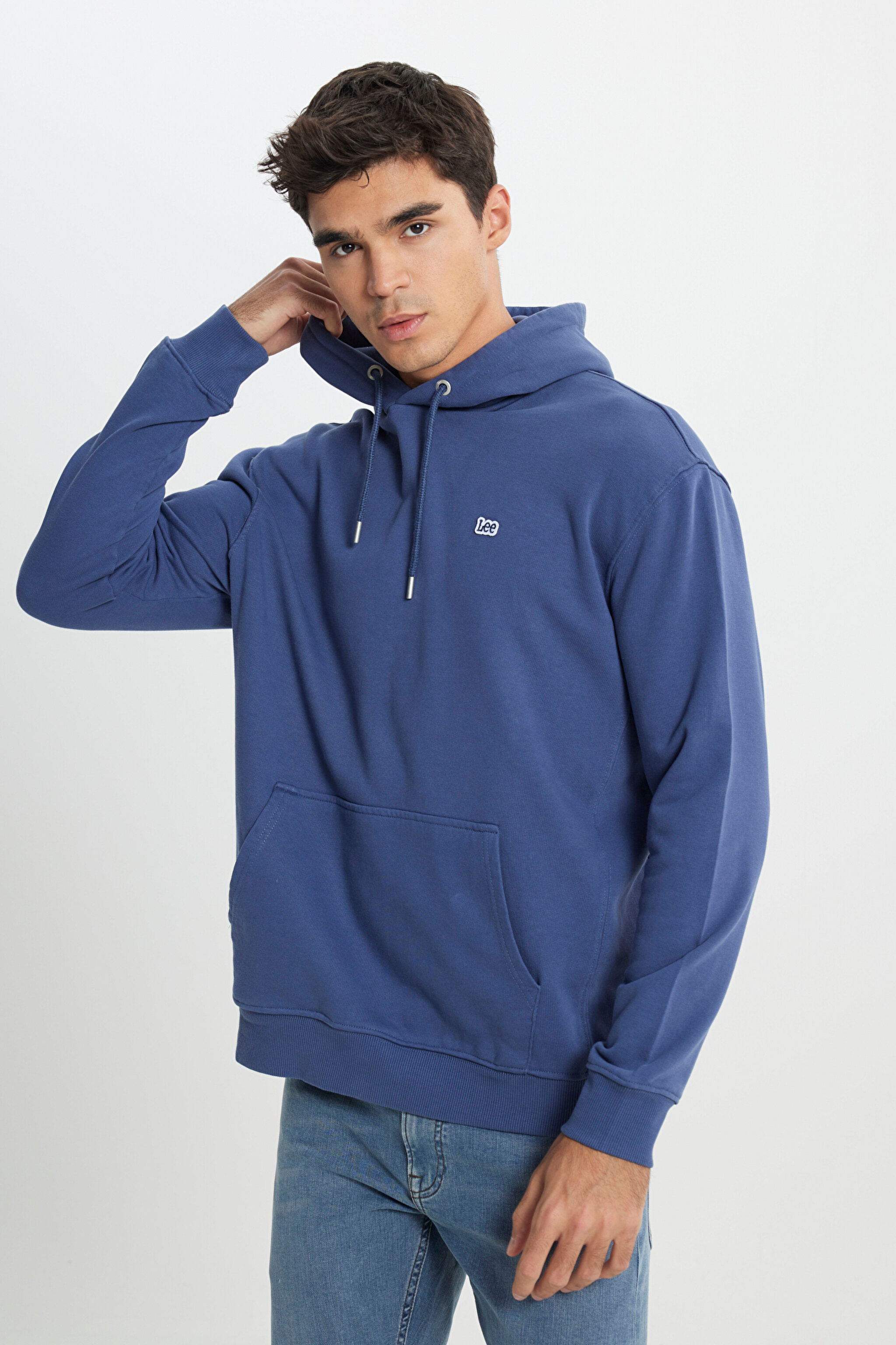 Regular Fit Normal Kesim %100 Pamuk Şardonlu Kapüşonlu Mavi Sweatshirt