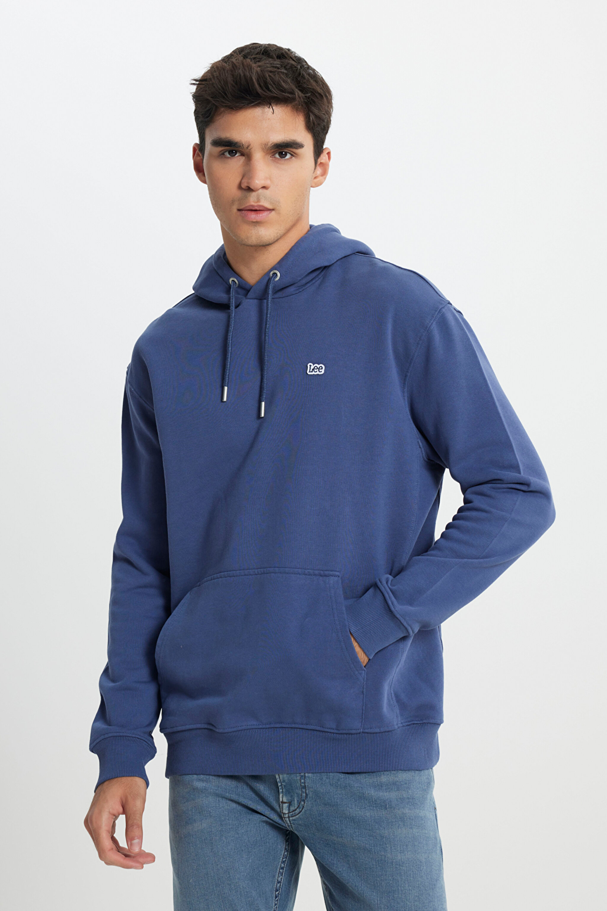 Regular Fit Normal Kesim %100 Pamuk Şardonlu Kapüşonlu Mavi Sweatshirt - Marine-L80YRY54 (görsel 3)