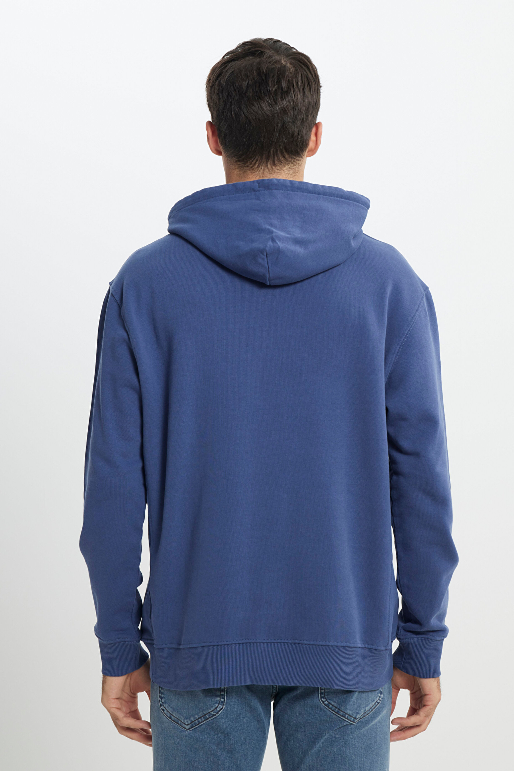 Regular Fit Normal Kesim %100 Pamuk Şardonlu Kapüşonlu Mavi Sweatshirt - Marine-L80YRY54 (görsel 6)