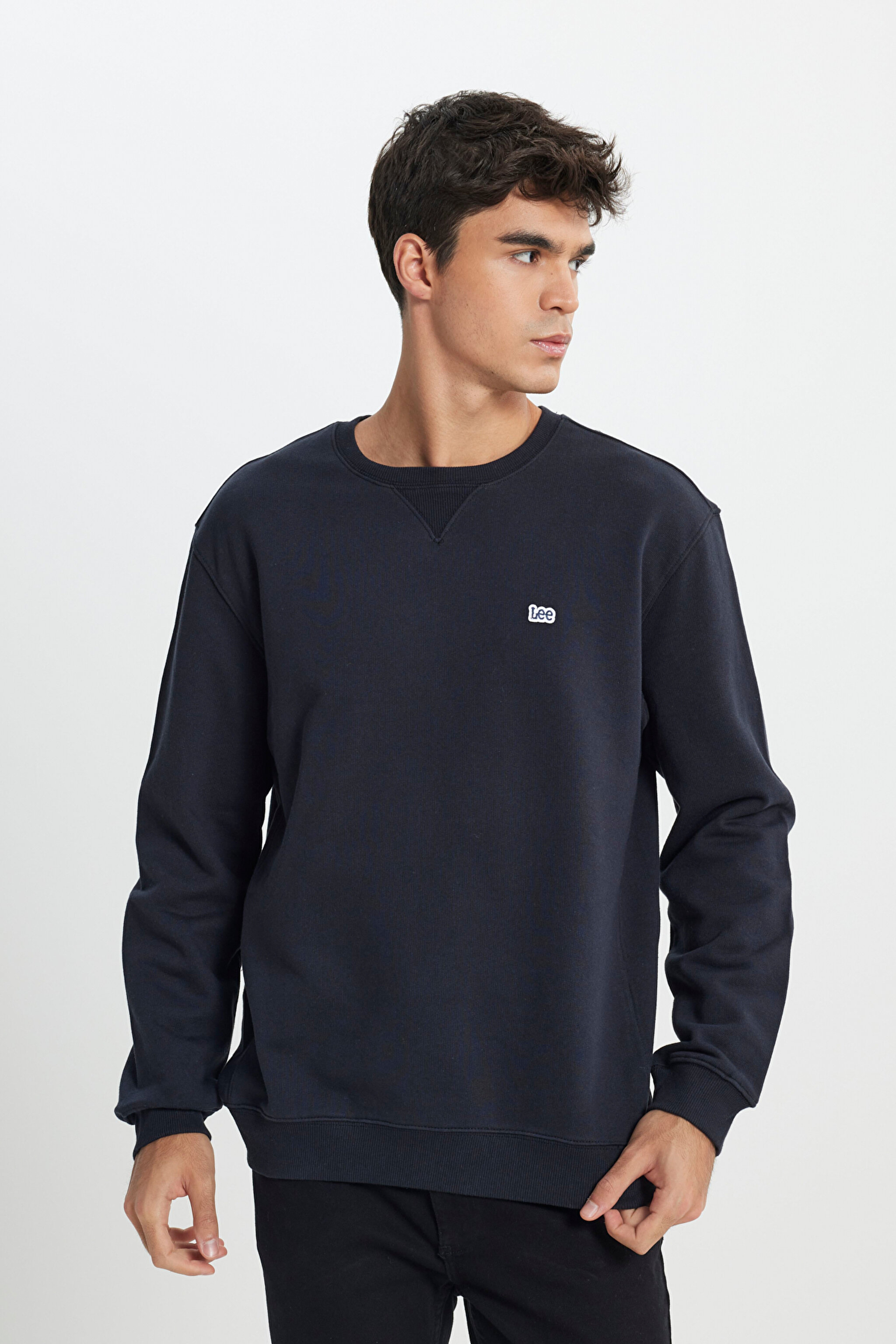 Regular Fit %100 Pamuk Bisiklet Yaka Siyah Şardonlu Sweatshirt - Black-L81IRY01 (görsel 2)