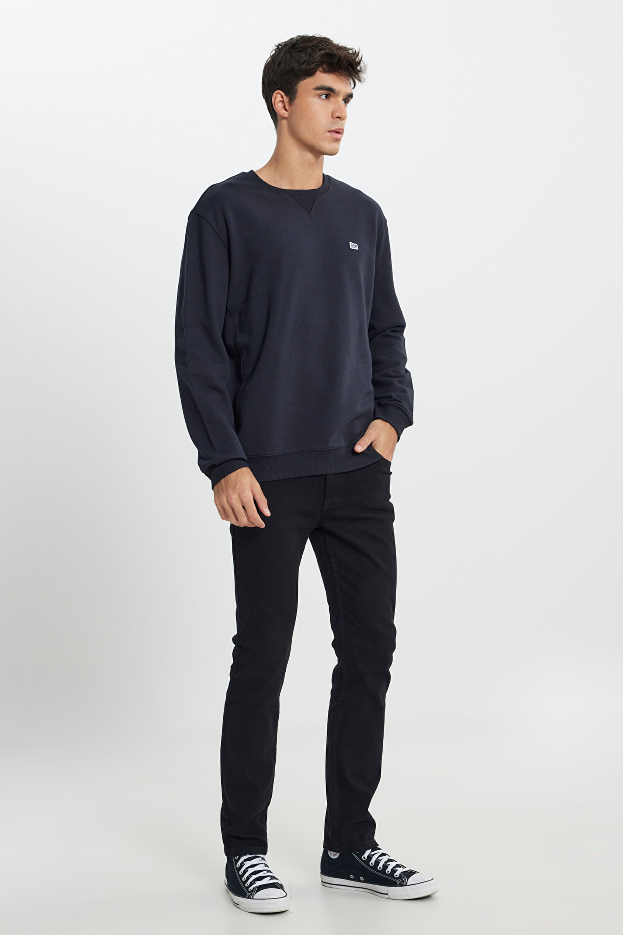 Regular Fit %100 Pamuk Bisiklet Yaka Siyah Şardonlu Sweatshirt - Black-L81IRY01 (görsel 3)