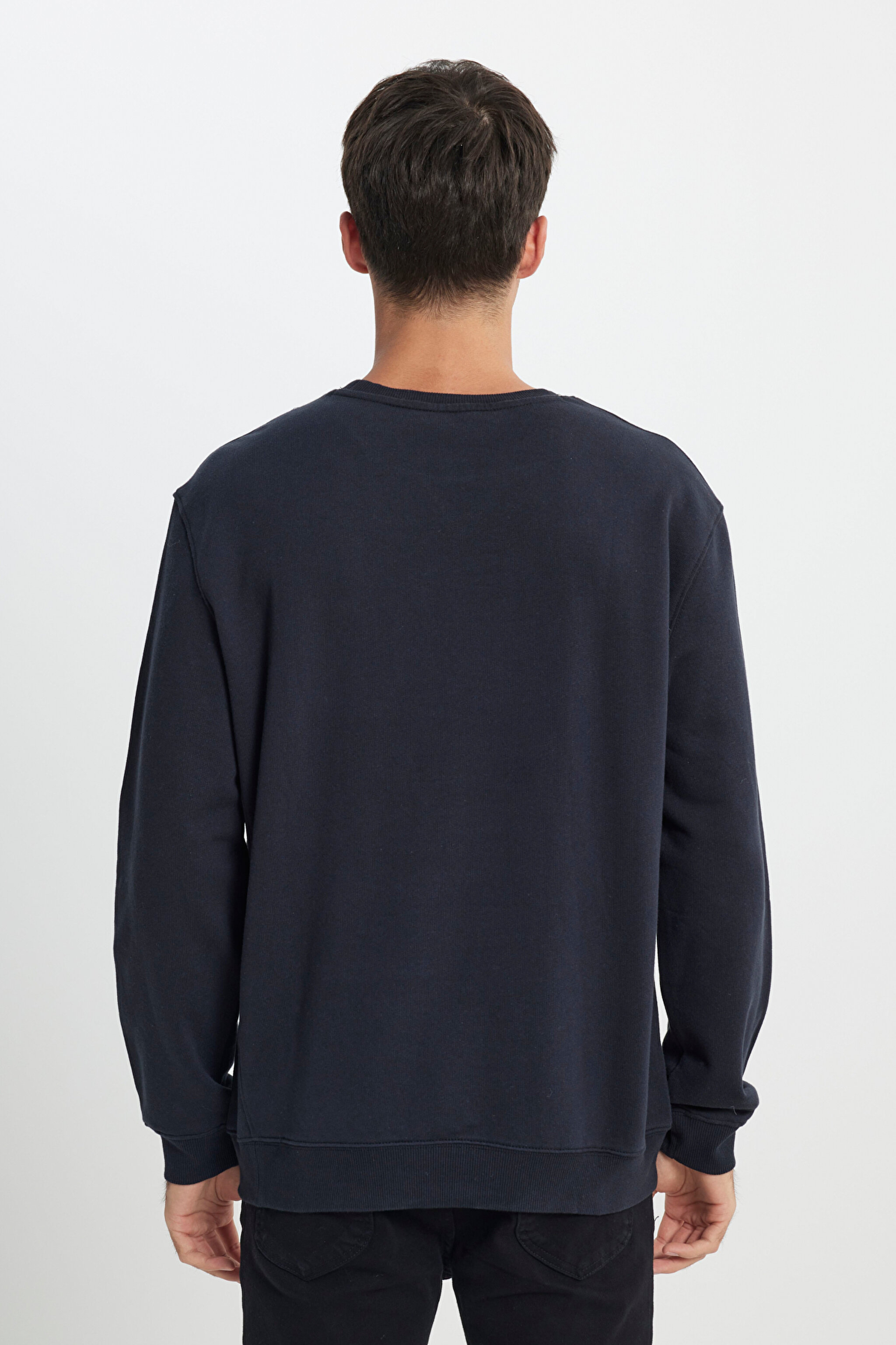 Regular Fit %100 Pamuk Bisiklet Yaka Siyah Şardonlu Sweatshirt - Black-L81IRY01 (görsel 5)