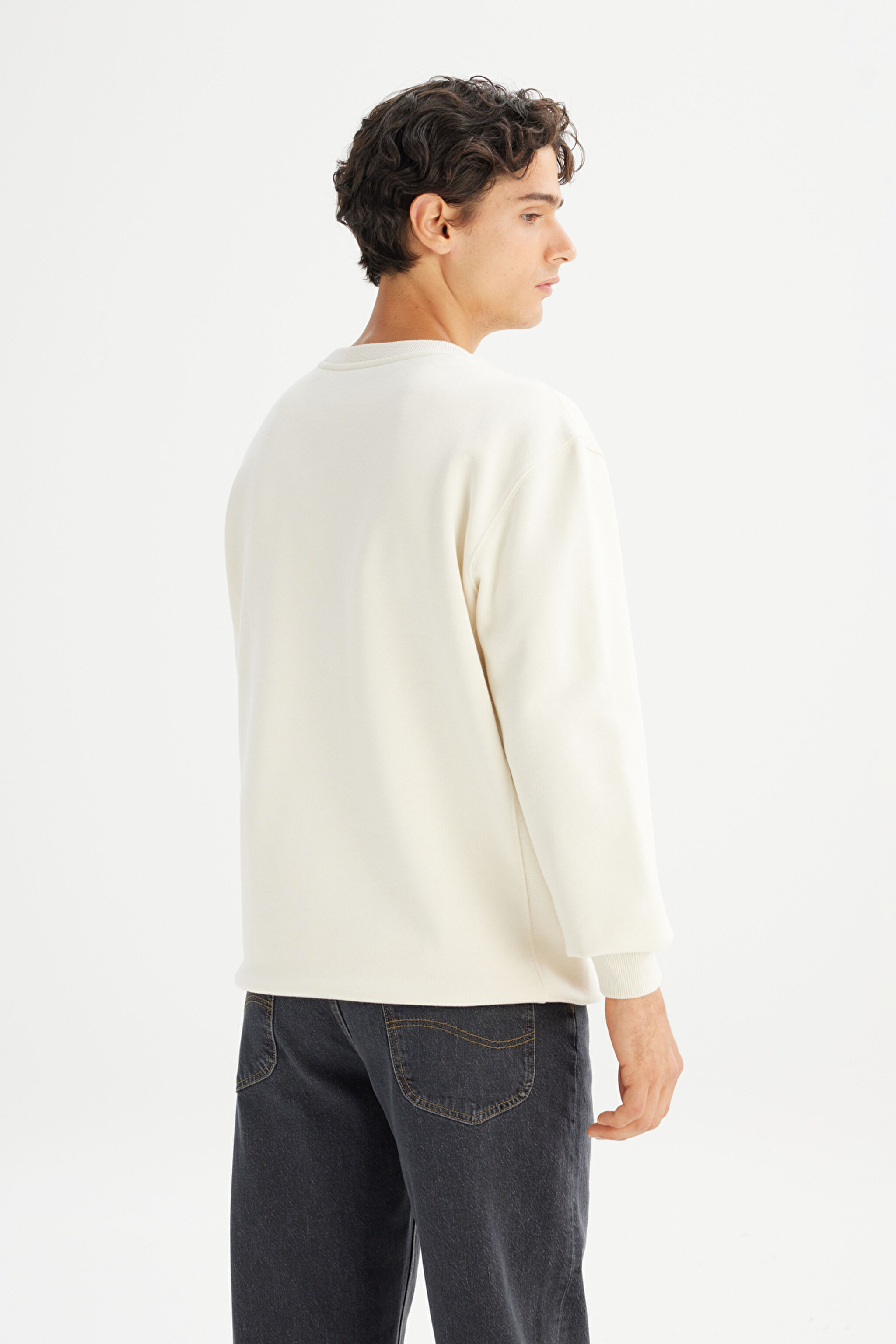 Regular Fit Normal Kesim %100 Pamuk Bisiklet Yaka Şardonlu Kırık Beyaz Sweatshirt - Off White-L81IRY102 (görsel 5)