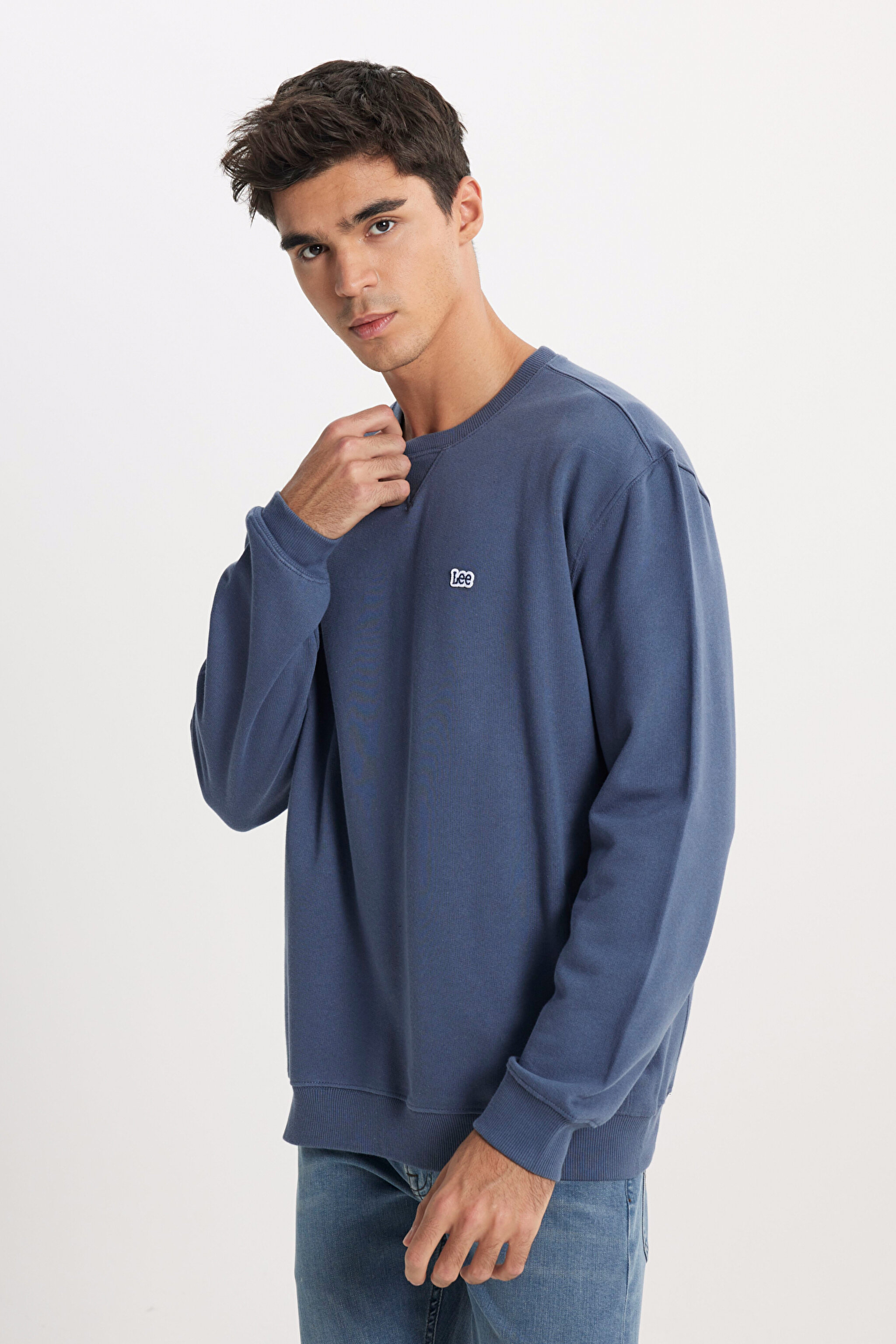 Regular Fit Normal Kesim %100 Pamuk Bisiklet Yaka İçi Polarlı İndigo Sweatshirt - Indigo-L81IRY315 (görsel 2)