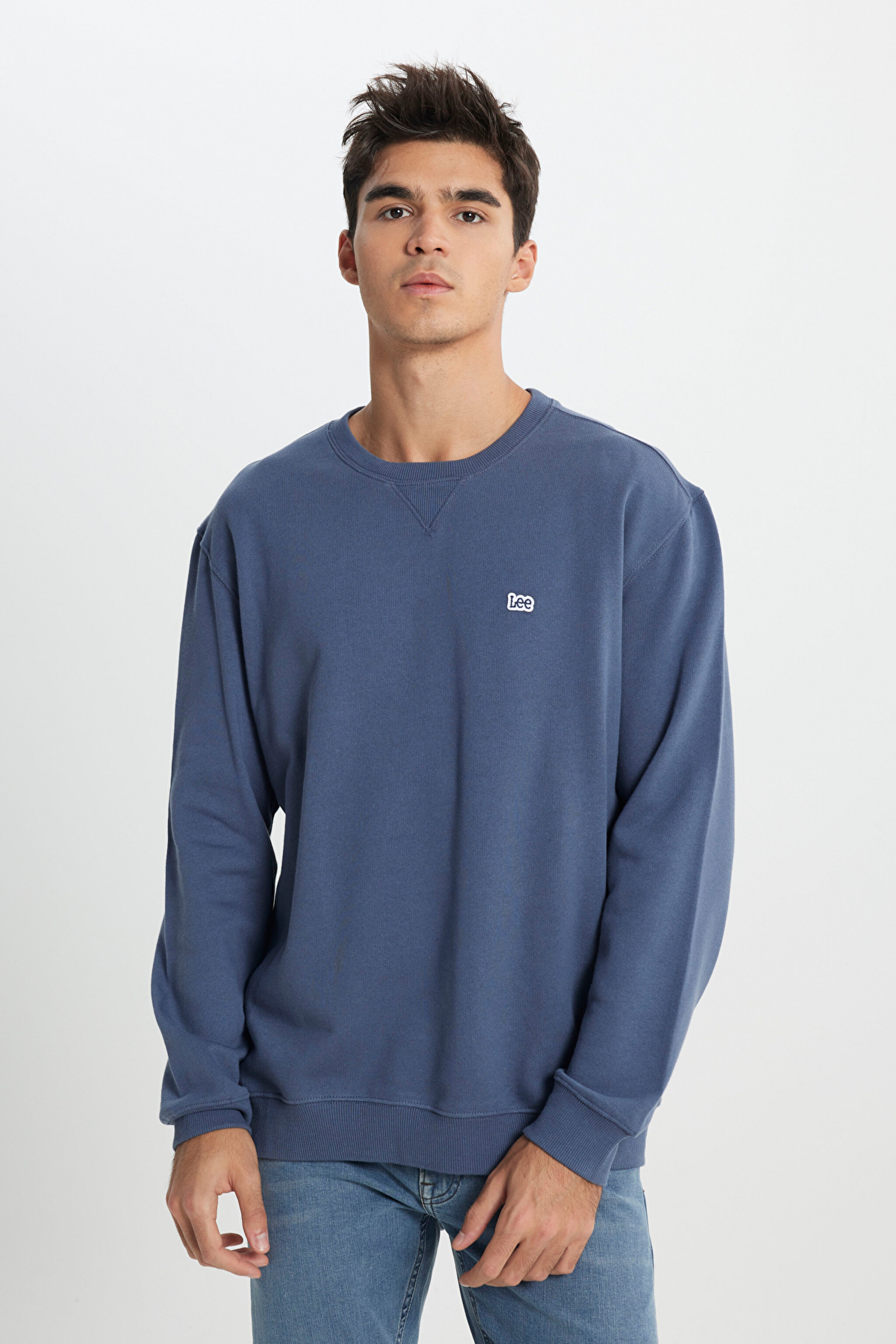 Regular Fit Normal Kesim %100 Pamuk Bisiklet Yaka İçi Polarlı İndigo Sweatshirt - Indigo-L81IRY315 (görsel 3)