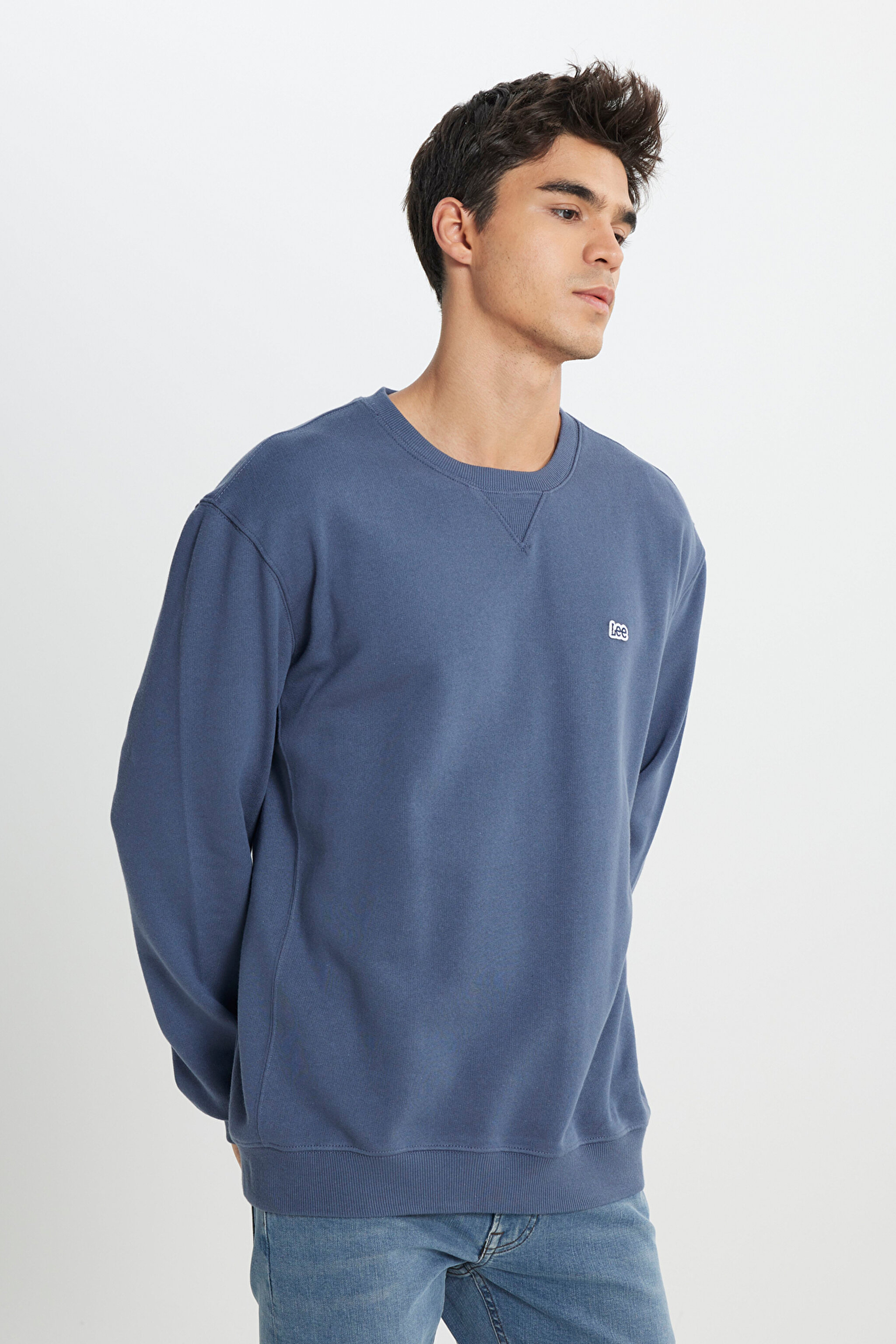 Regular Fit Normal Kesim %100 Pamuk Bisiklet Yaka İçi Polarlı İndigo Sweatshirt - Indigo-L81IRY315 (görsel 5)