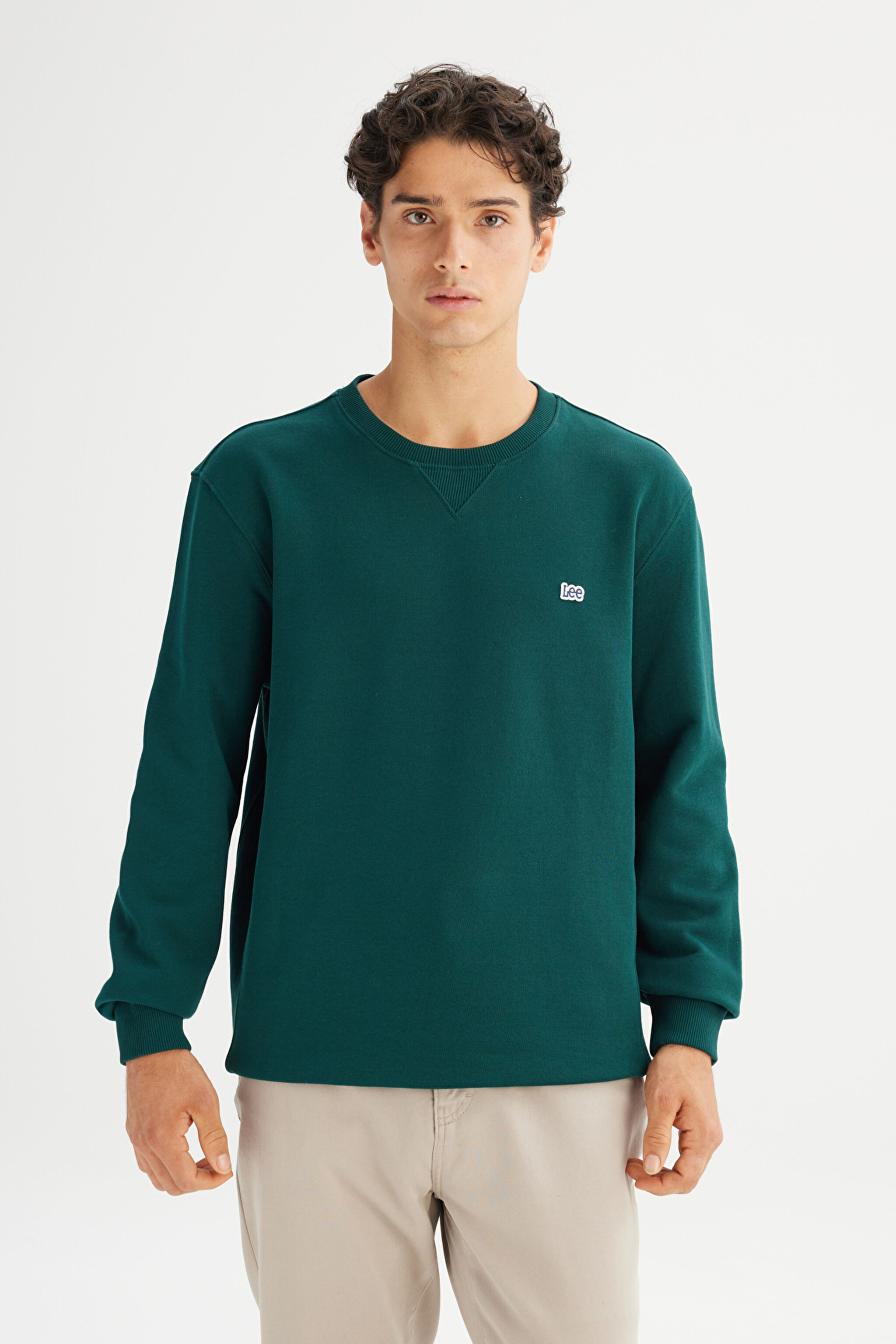 %100 Pamuk Regular Fit Normal Kesim Bisiklet Yaka Koyu Yeşil Sweatshirt