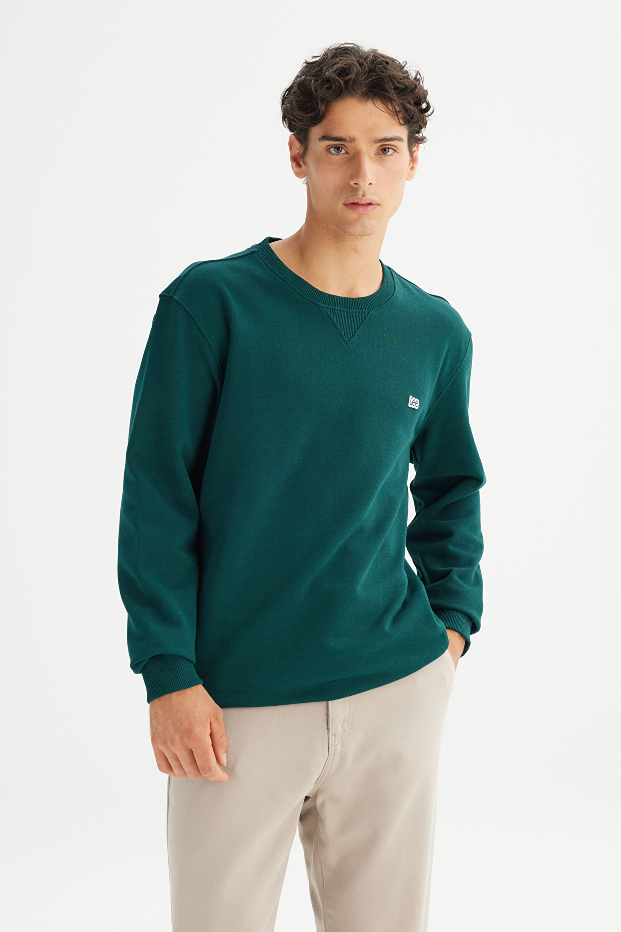 %100 Pamuk Regular Fit Normal Kesim Bisiklet Yaka Koyu Yeşil Sweatshirt - JadeForest-L81IRY898 (görsel 3)