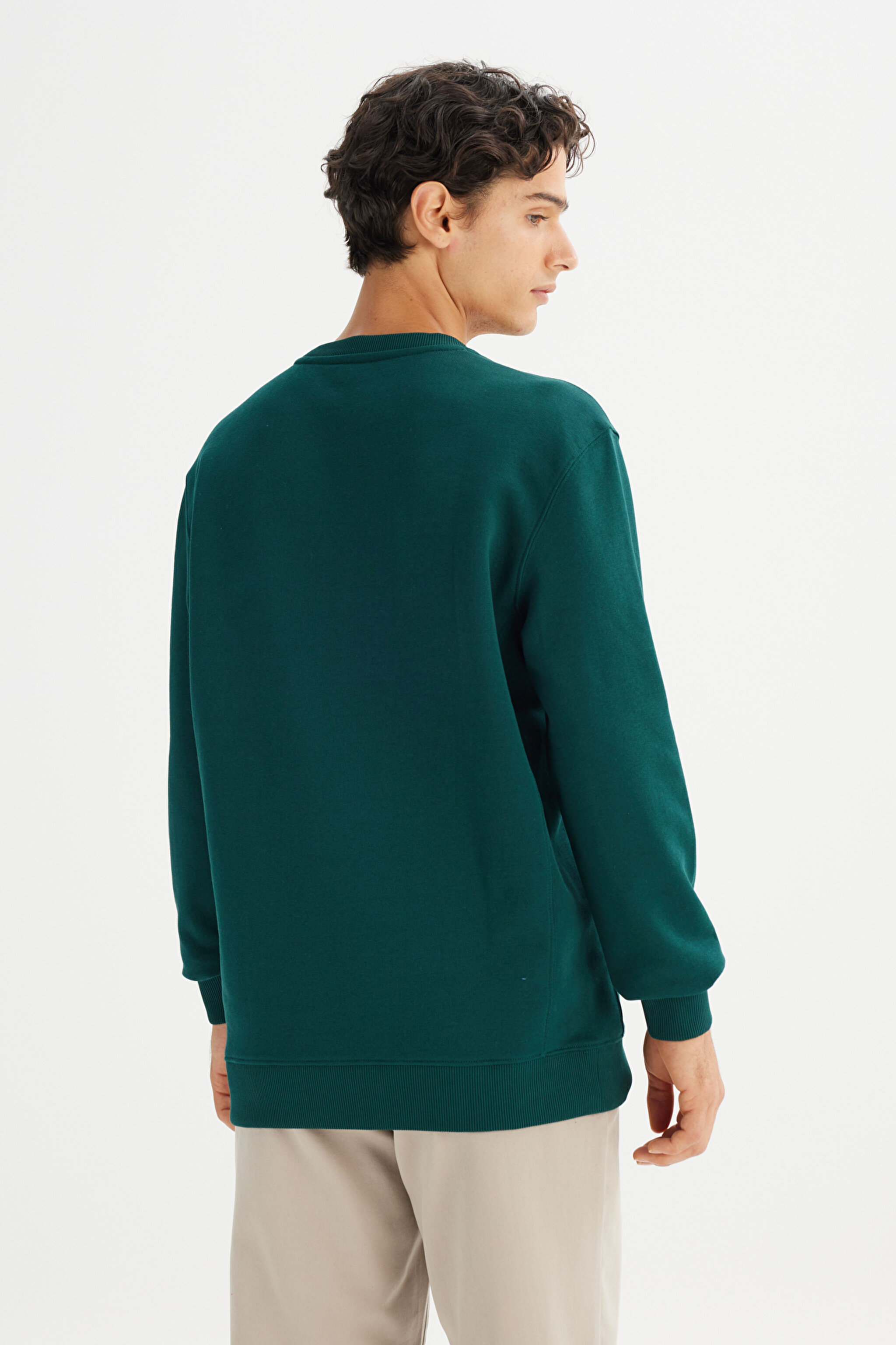 %100 Pamuk Regular Fit Normal Kesim Bisiklet Yaka Koyu Yeşil Sweatshirt - JadeForest-L81IRY898 (görsel 5)