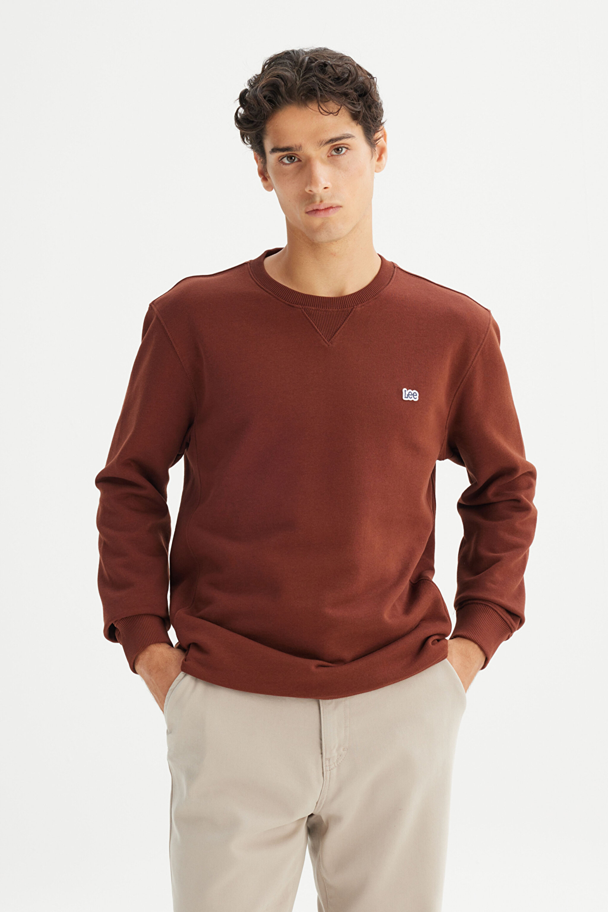 %100 Pamuk Regular Fit Normal Kesim Bisiklet Yaka Kiremit Rengi Sweatshirt - LuxBrown-L81IRY906 (görsel 3)