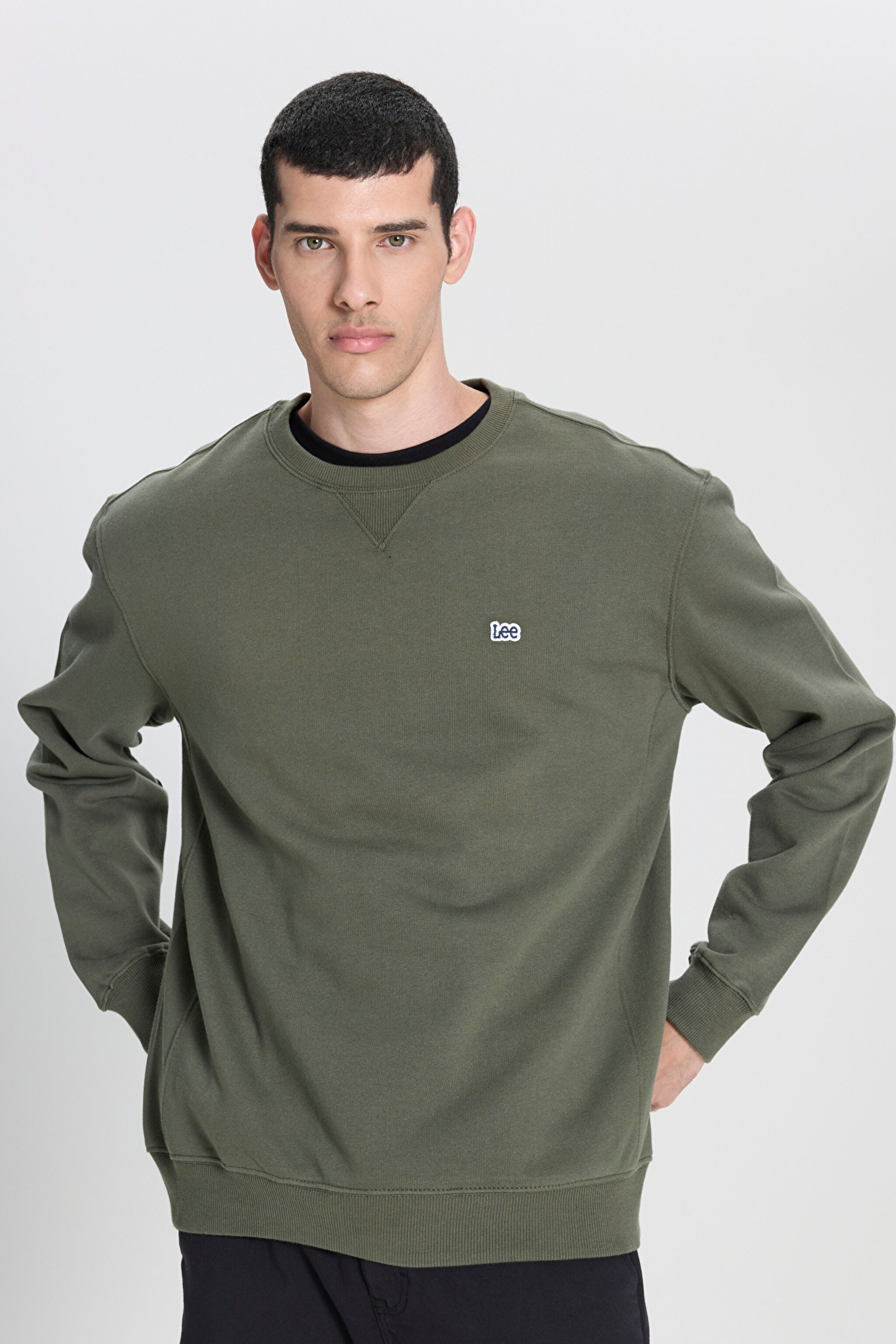 Regular Fit Normal Kesim %100 Pamuk Bisiklet Yaka Şardonlu Haki Sweatshirt