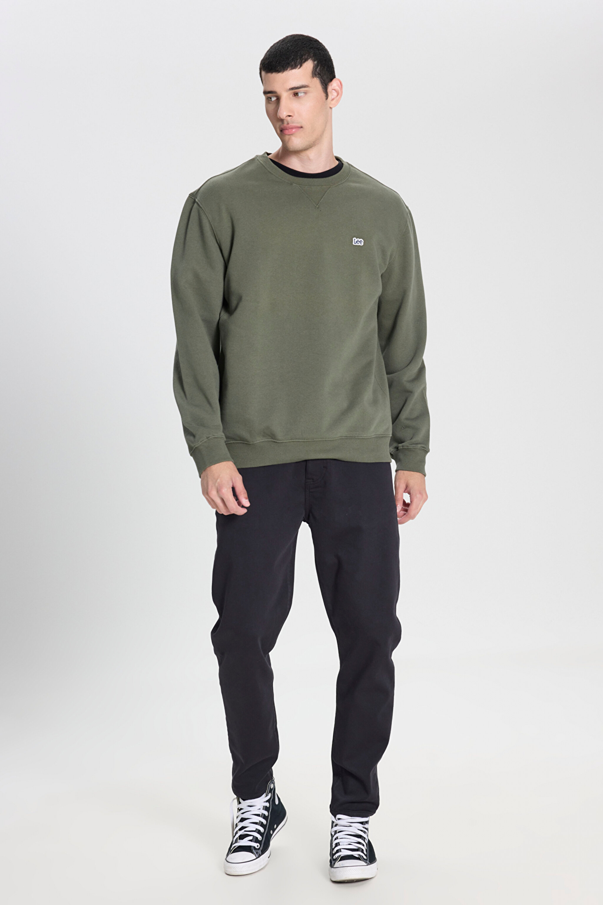 Regular Fit Normal Kesim %100 Pamuk Bisiklet Yaka Şardonlu Haki Sweatshirt - Olive Grove-L81IRYA61 (görsel 3)