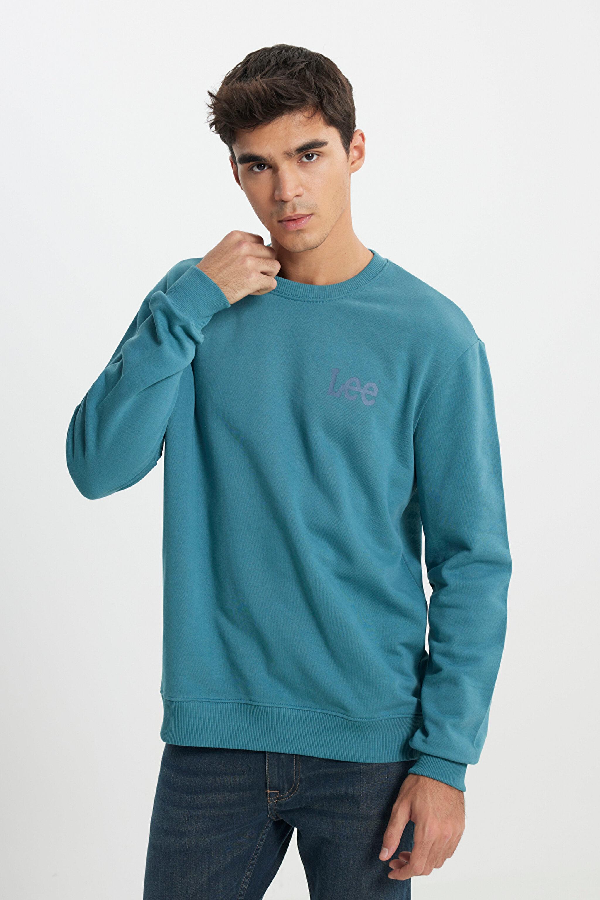 Regular Fit Normal Kesim %100 Pamuk Bisiklet Yaka Turkuaz Sweatshirt