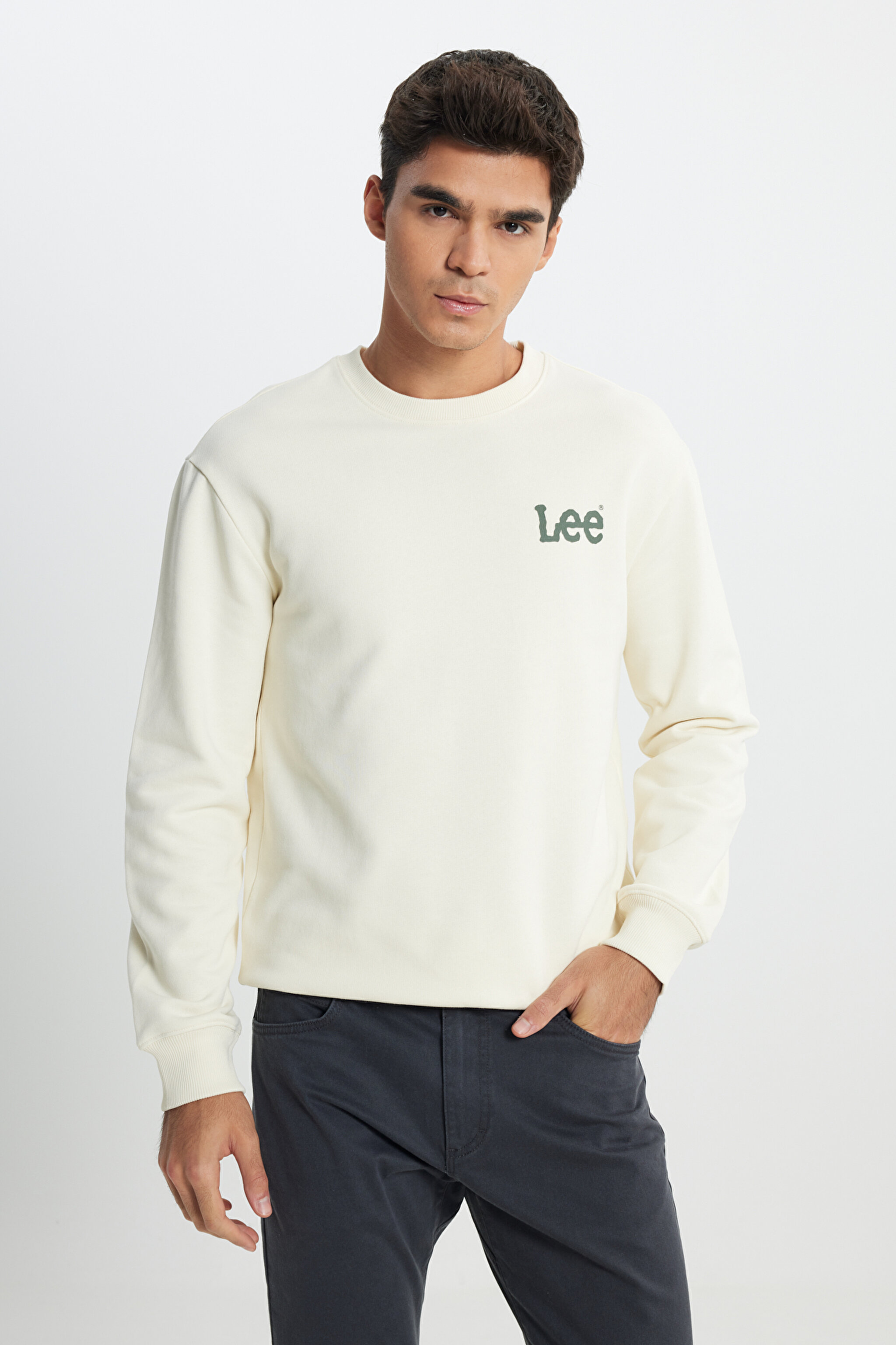 Regular Fit Normal Kesim %100 Pamuk Bisiklet Yaka Ekru Sweatshirt