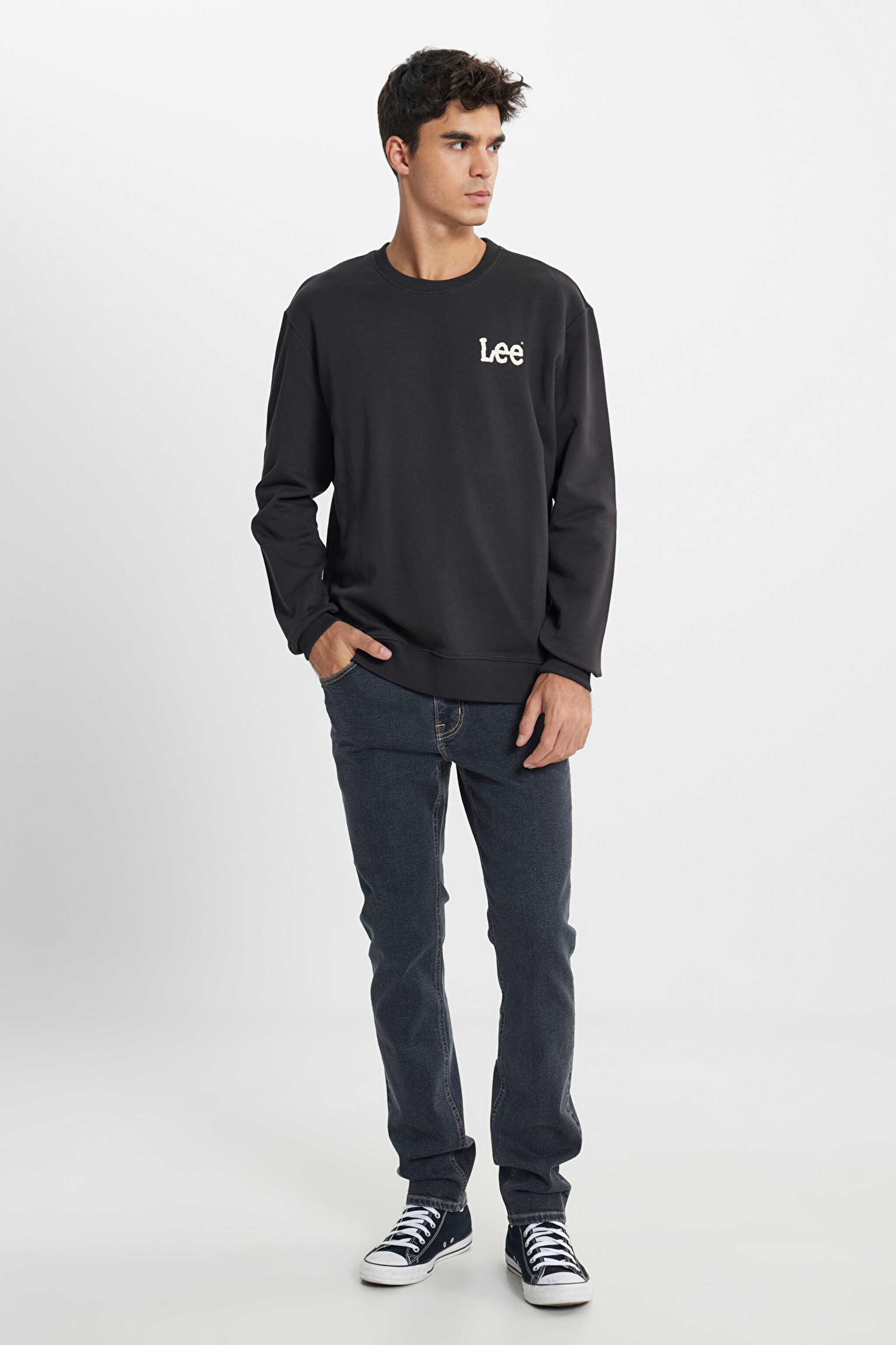 Regular Fit Normal Kesim %100 Pamuk Bisiklet Yaka Antrasit Sweatshirt - Washed Black-L81MRFON (görsel 2)