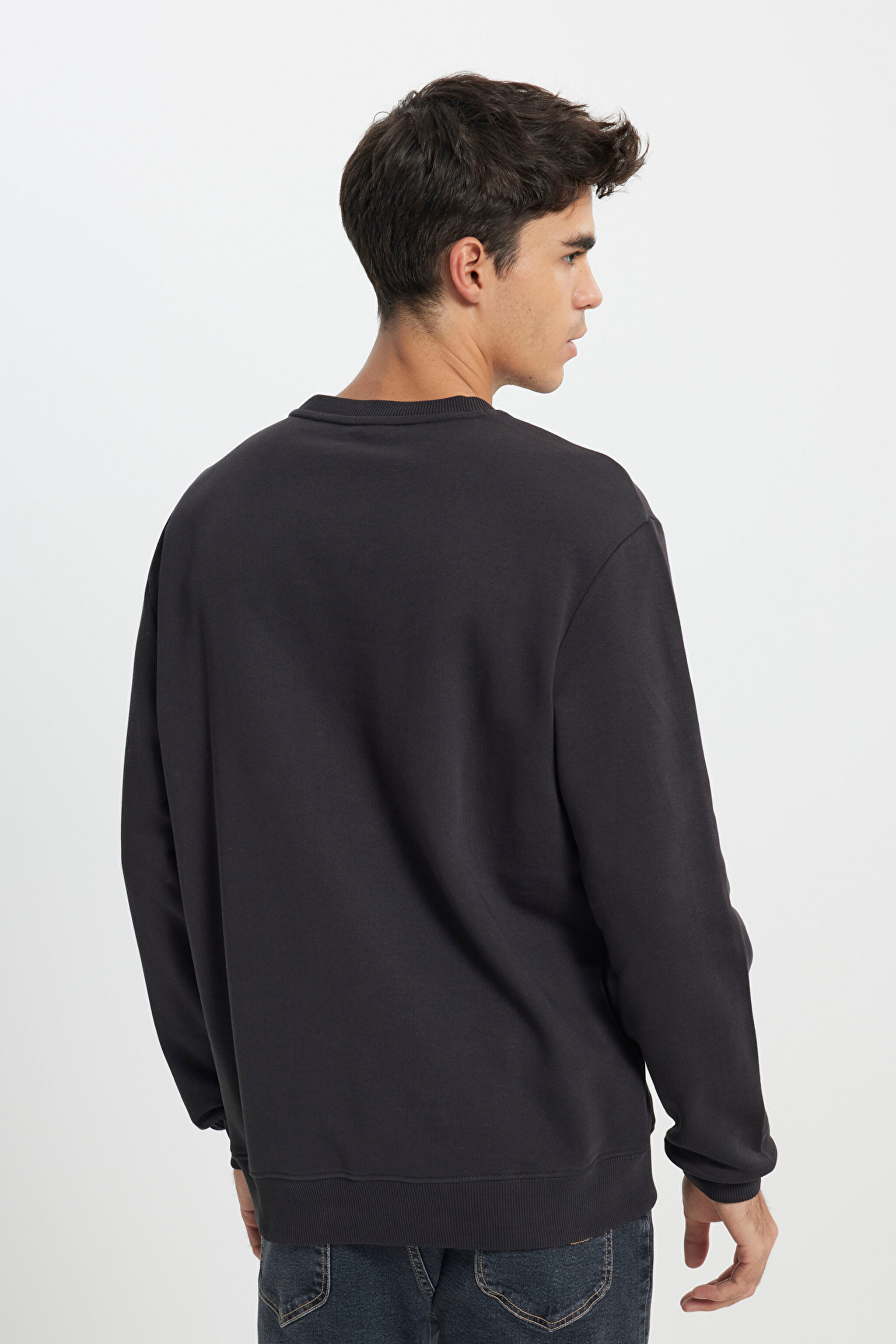 Regular Fit Normal Kesim %100 Pamuk Bisiklet Yaka Antrasit Sweatshirt - Washed Black-L81MRFON (görsel 4)