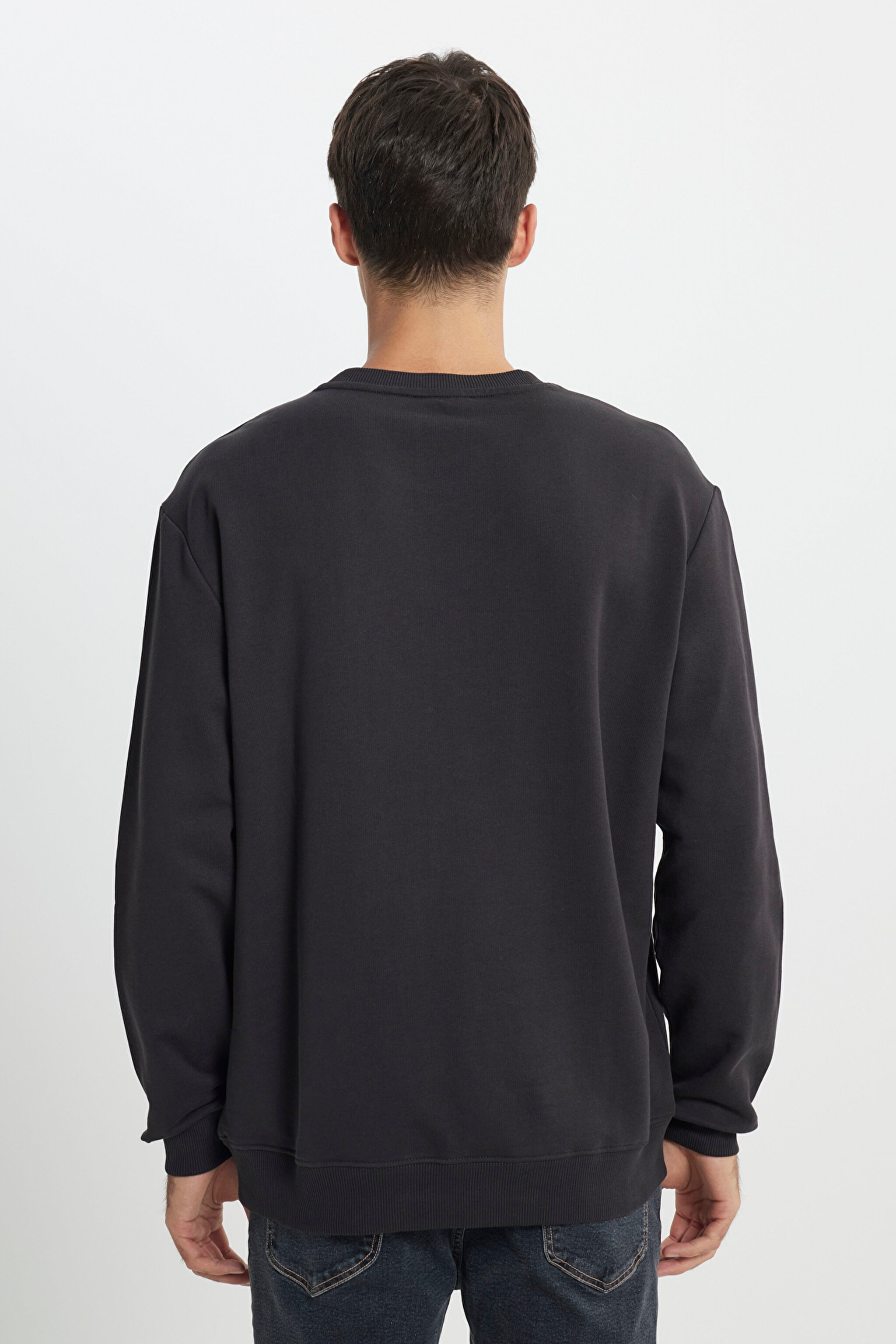 Regular Fit Normal Kesim %100 Pamuk Bisiklet Yaka Antrasit Sweatshirt - Washed Black-L81MRFON (görsel 5)