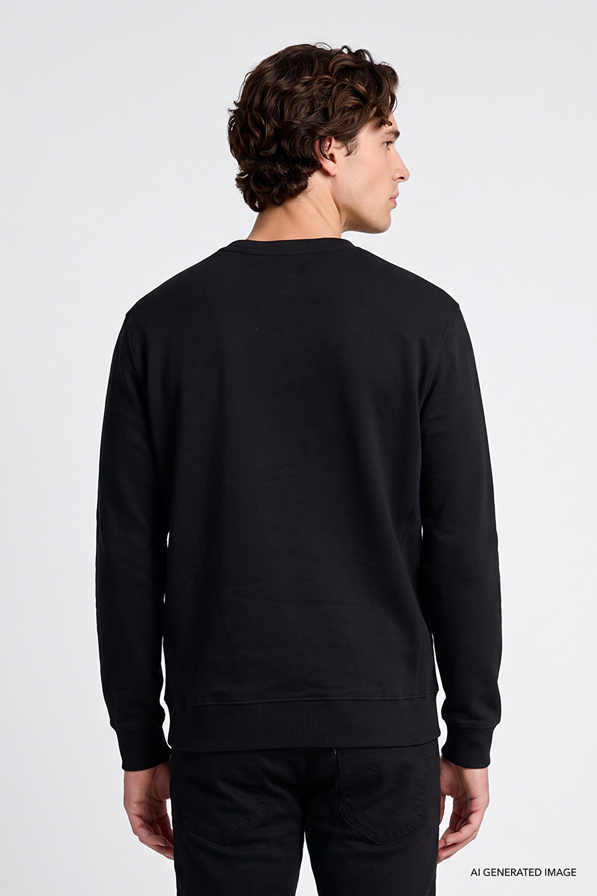 Regular Fit Normal Kesim Bisiklet Yaka %100 Pamuk İçi Polarlı Sweatshirt - Black-L82IRY100 (görsel 5)