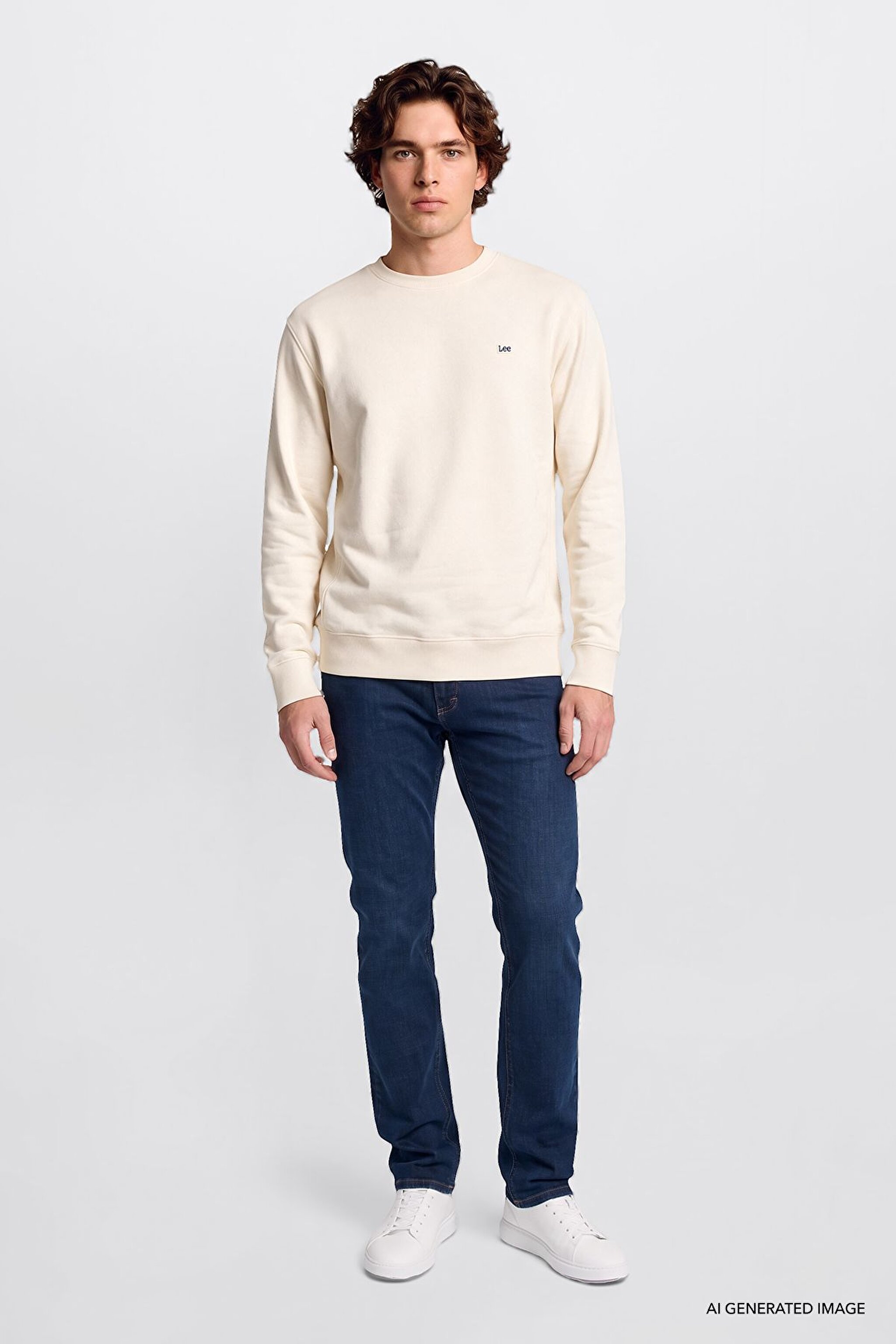 Regular Fit Normal Kesim %100 Pamuk Bisiklet Yaka Şardonlu Kırık Beyaz Sweatshirt - Off White-L82IRY102 (görsel 2)