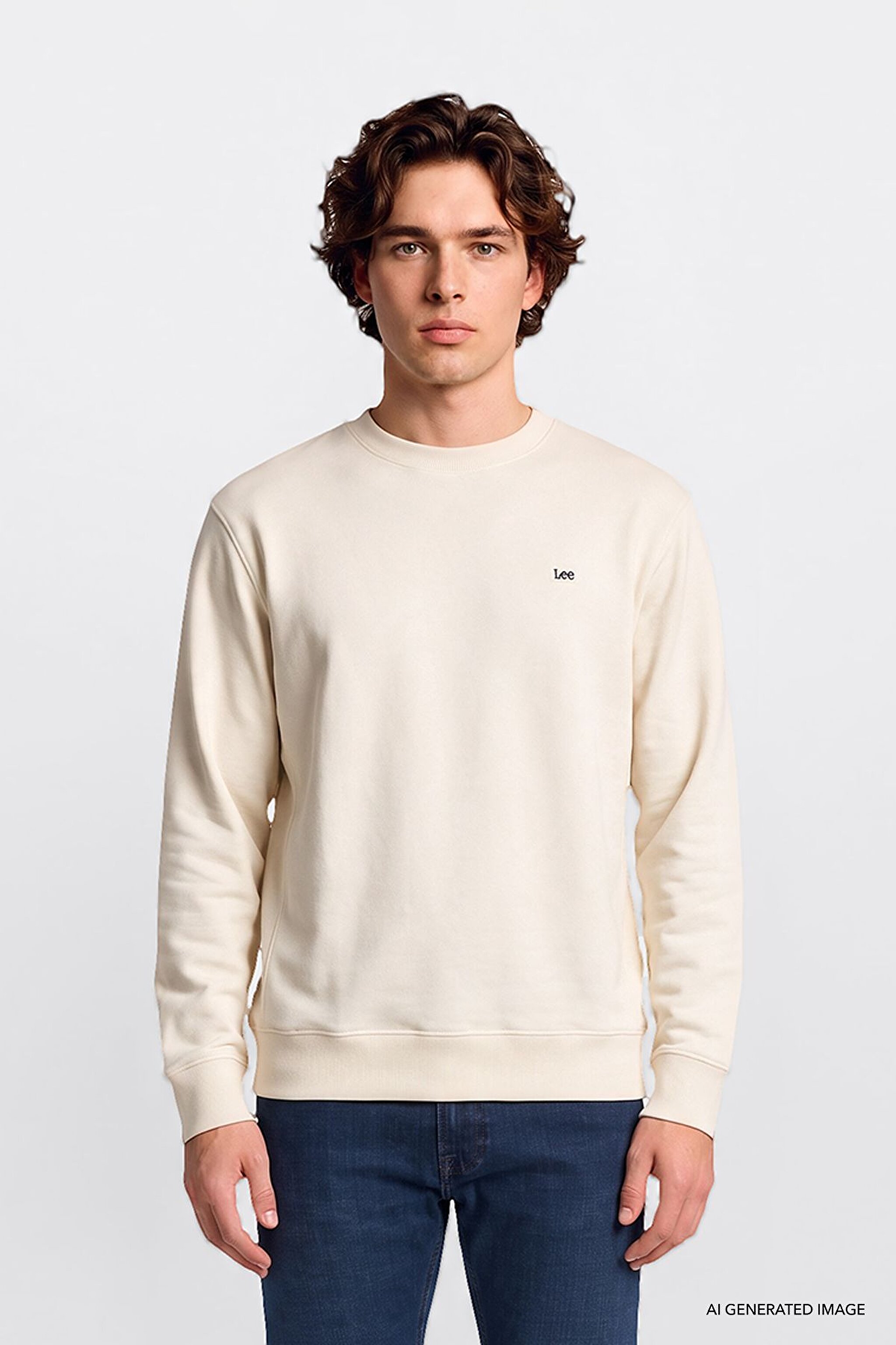Regular Fit Normal Kesim %100 Pamuk Bisiklet Yaka Şardonlu Kırık Beyaz Sweatshirt - Off White-L82IRY102 (görsel 3)