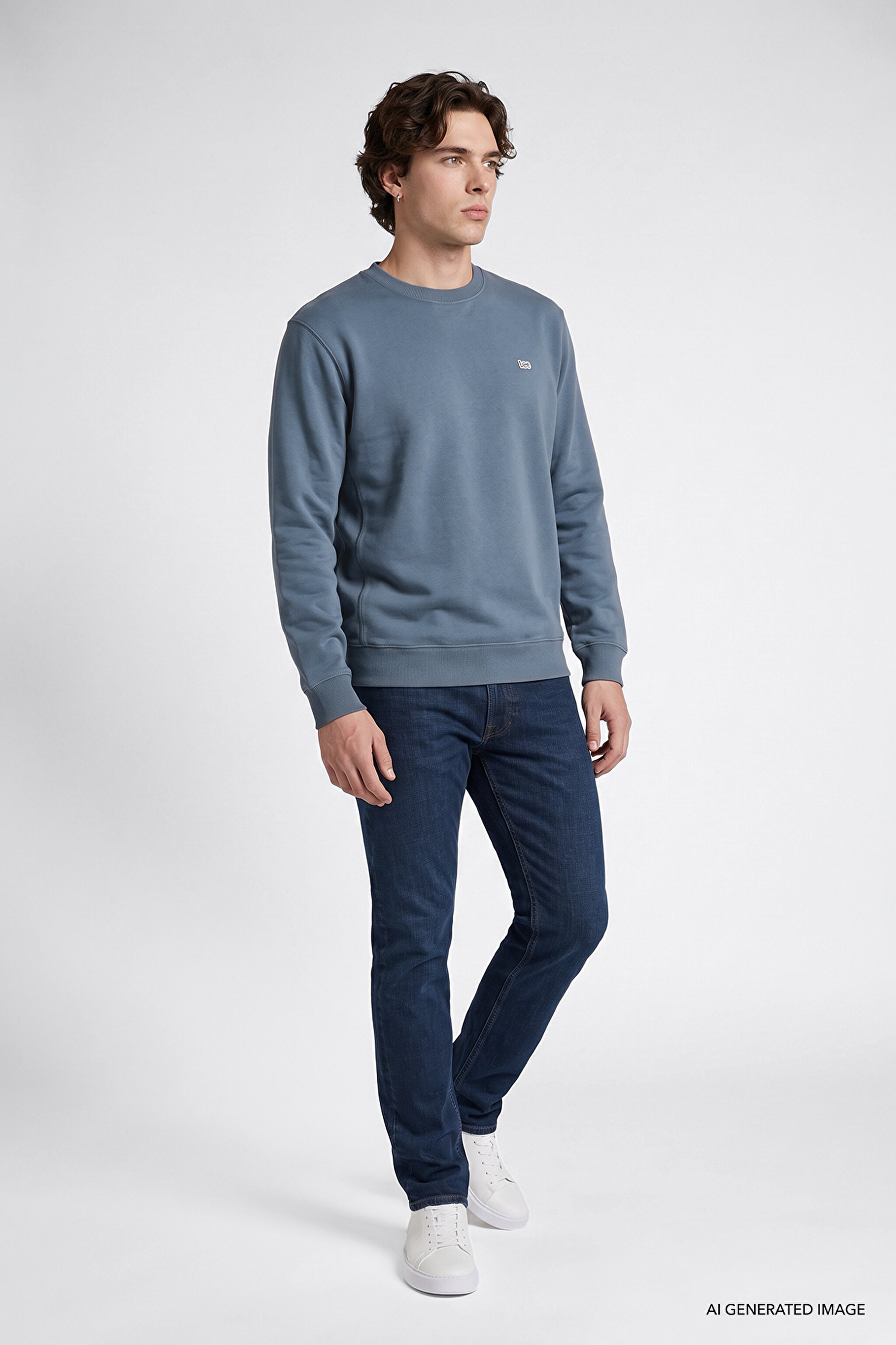 Regular Fit Normal Kesim %100 Pamuk Bisiklet Yaka İçi Polarlı İndigo Sweatshirt - ındıgo-L82IRY315 (görsel 2)