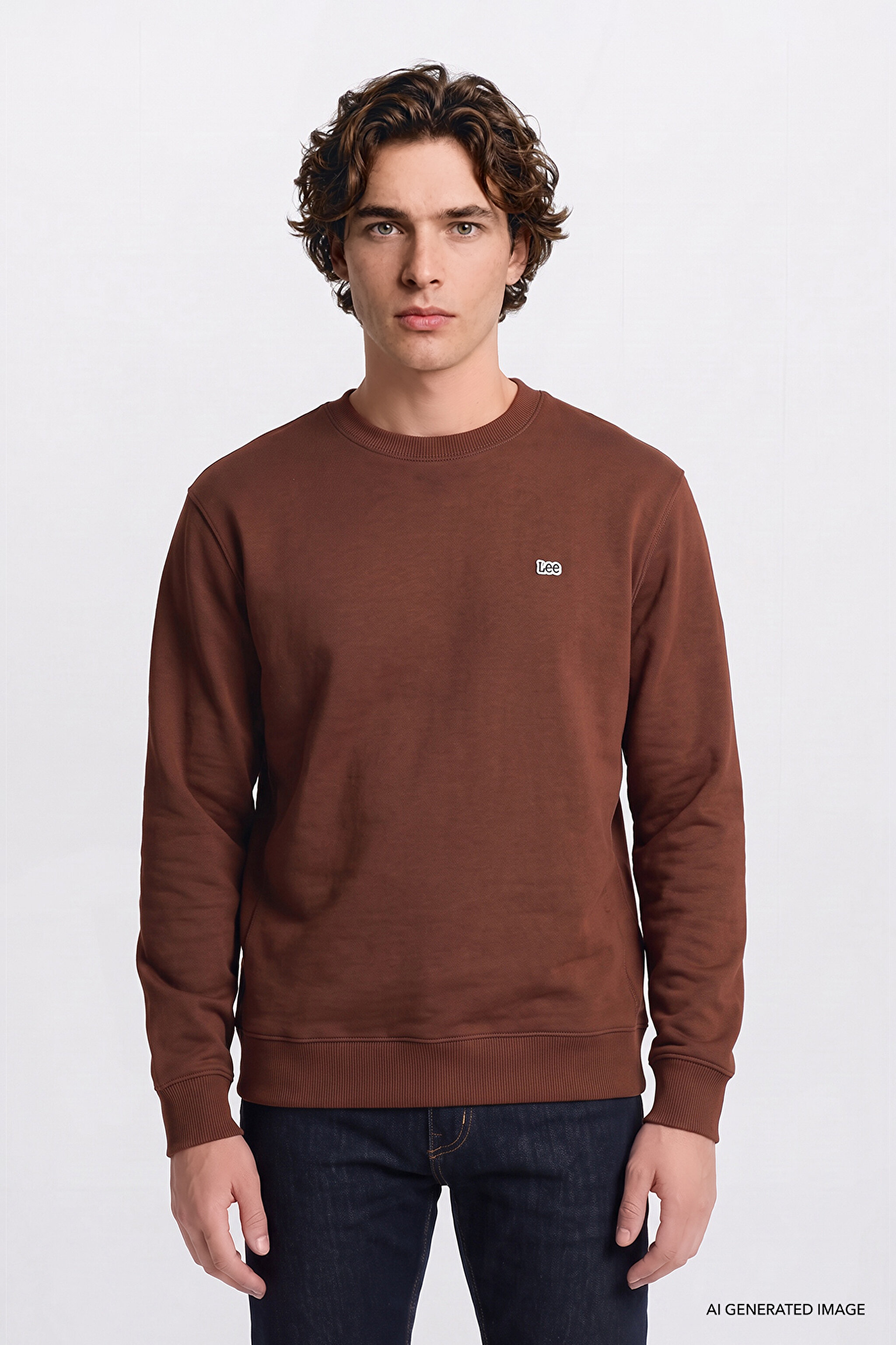 %100 Pamuk Regular Fit Normal Kesim Bisiklet Yaka Kiremit Rengi Sweatshirt - Lux Brown-L82IRY906 (görsel 4)