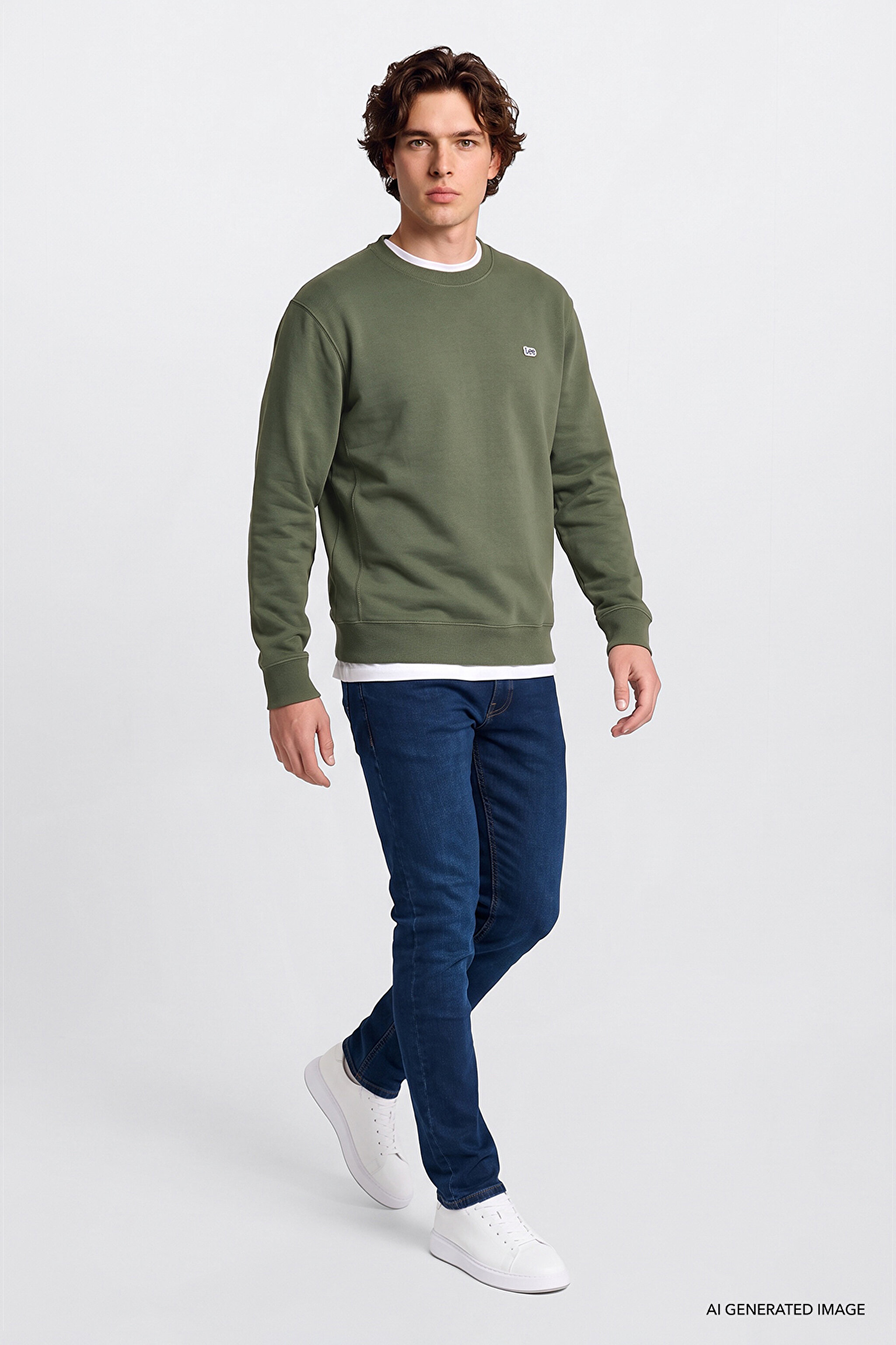 Regular Fit Normal Kesim %100 Pamuk Bisiklet Yaka Şardonlu Haki Sweatshirt - Olive-L82IRYA61 (görsel 2)