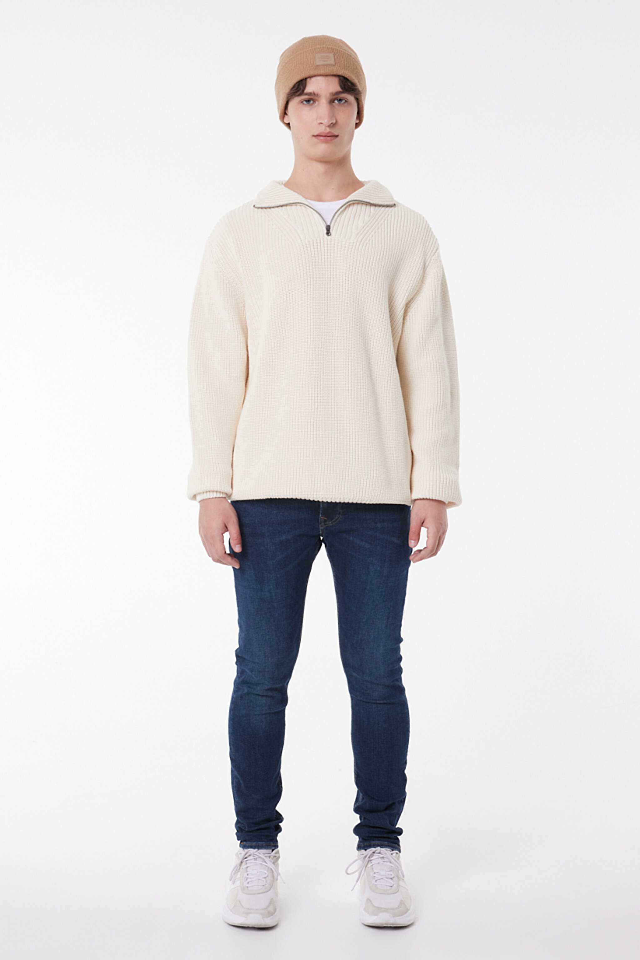 Regular Fit Normal Kesim Balıkçı Yaka Yarım Fermuarlı Ekru Triko Kazak - Ecru-L83YDENQ (görsel 3)