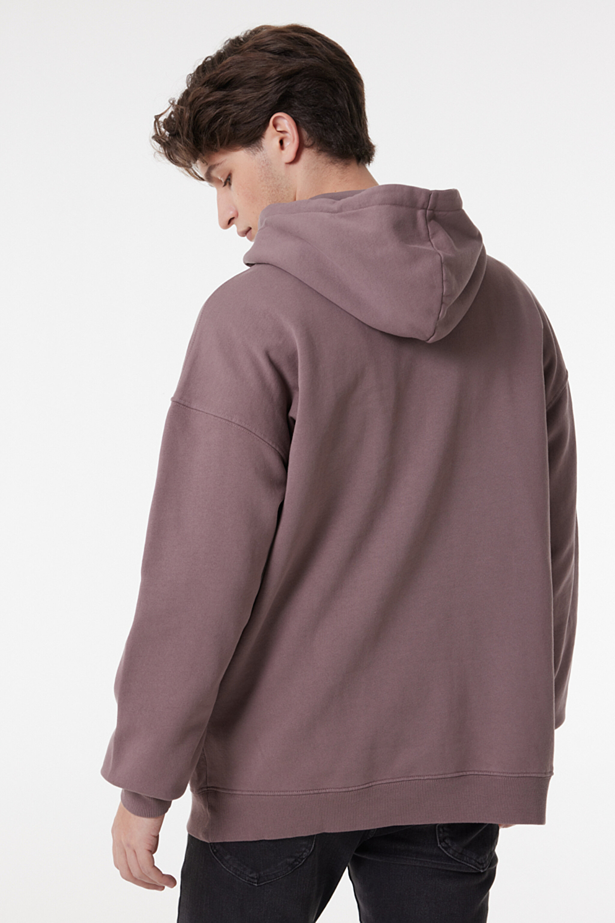 Loose Fit Rahat Kesim %100 Pamuk Kapüşonlu Şardonlu Sweatshirt - Purple Storm-L84WTJ70 (görsel 6)