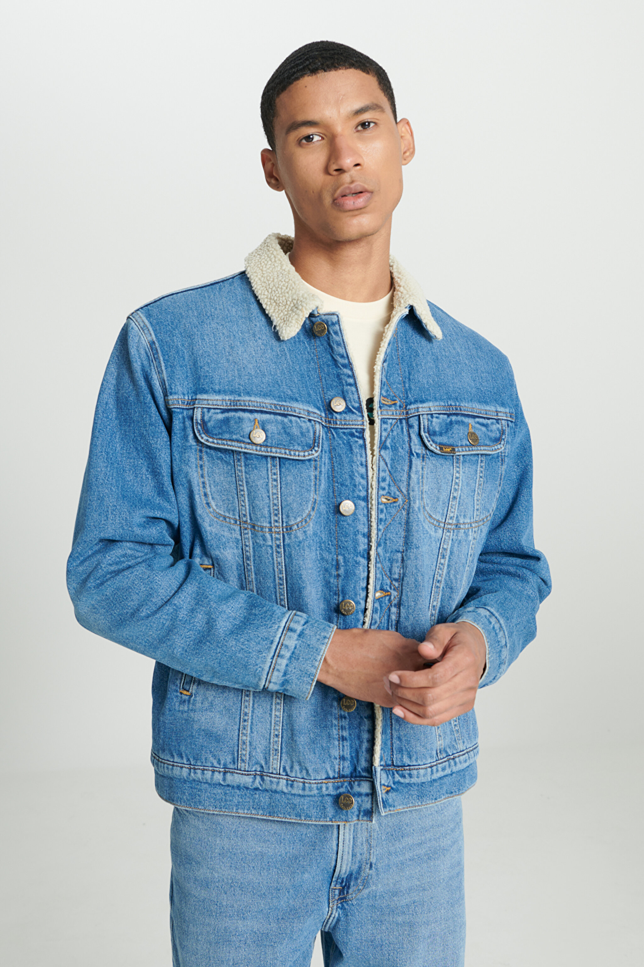 Regular Fit Normal Kesim Dik Yaka Mavi Sherpa Jean Denim Kot Ceket