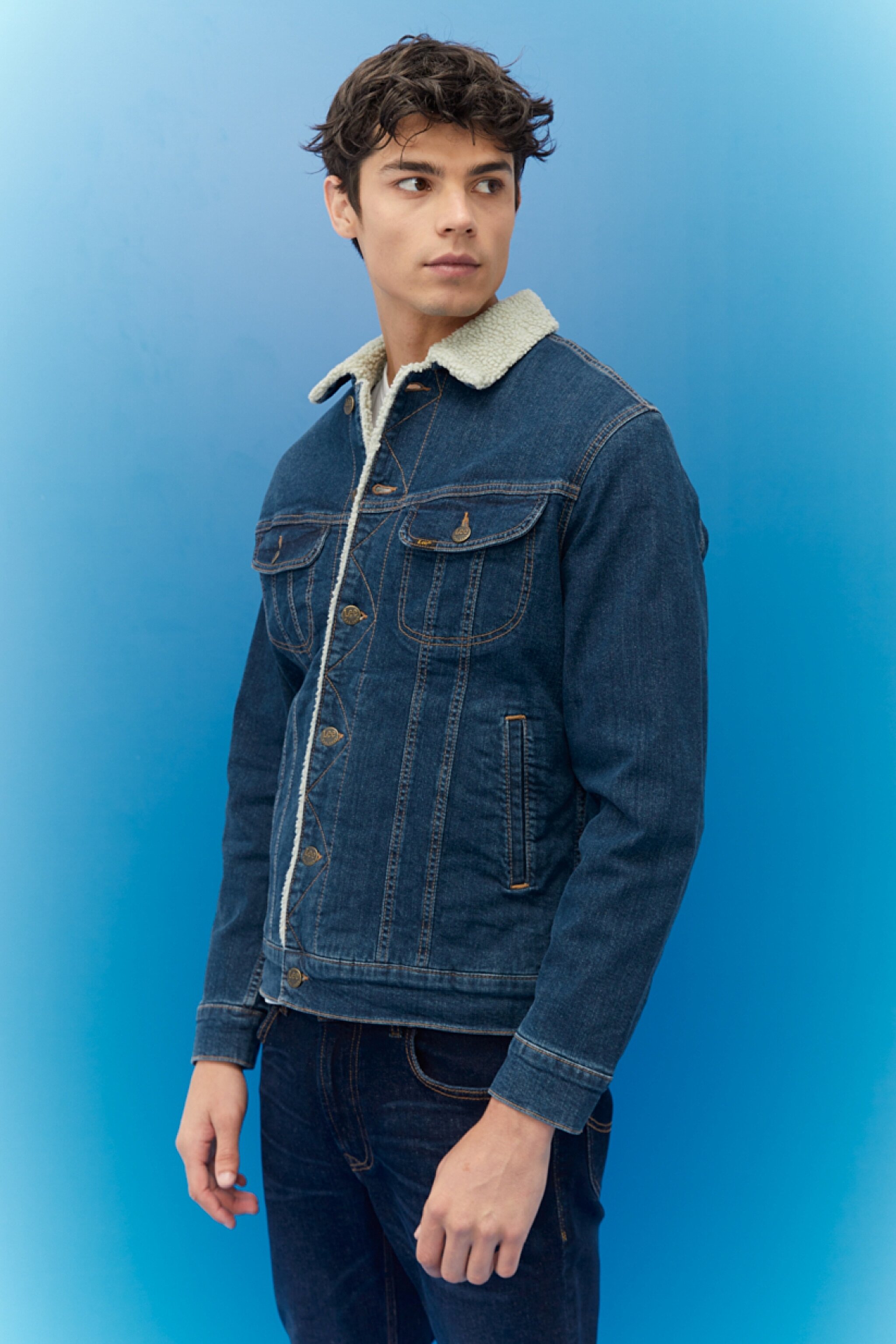 Regular Fit Normal Kesim Mavi Sherpa Jean Kot Ceket - Dark Blue-L87BSQZG (görsel 2)