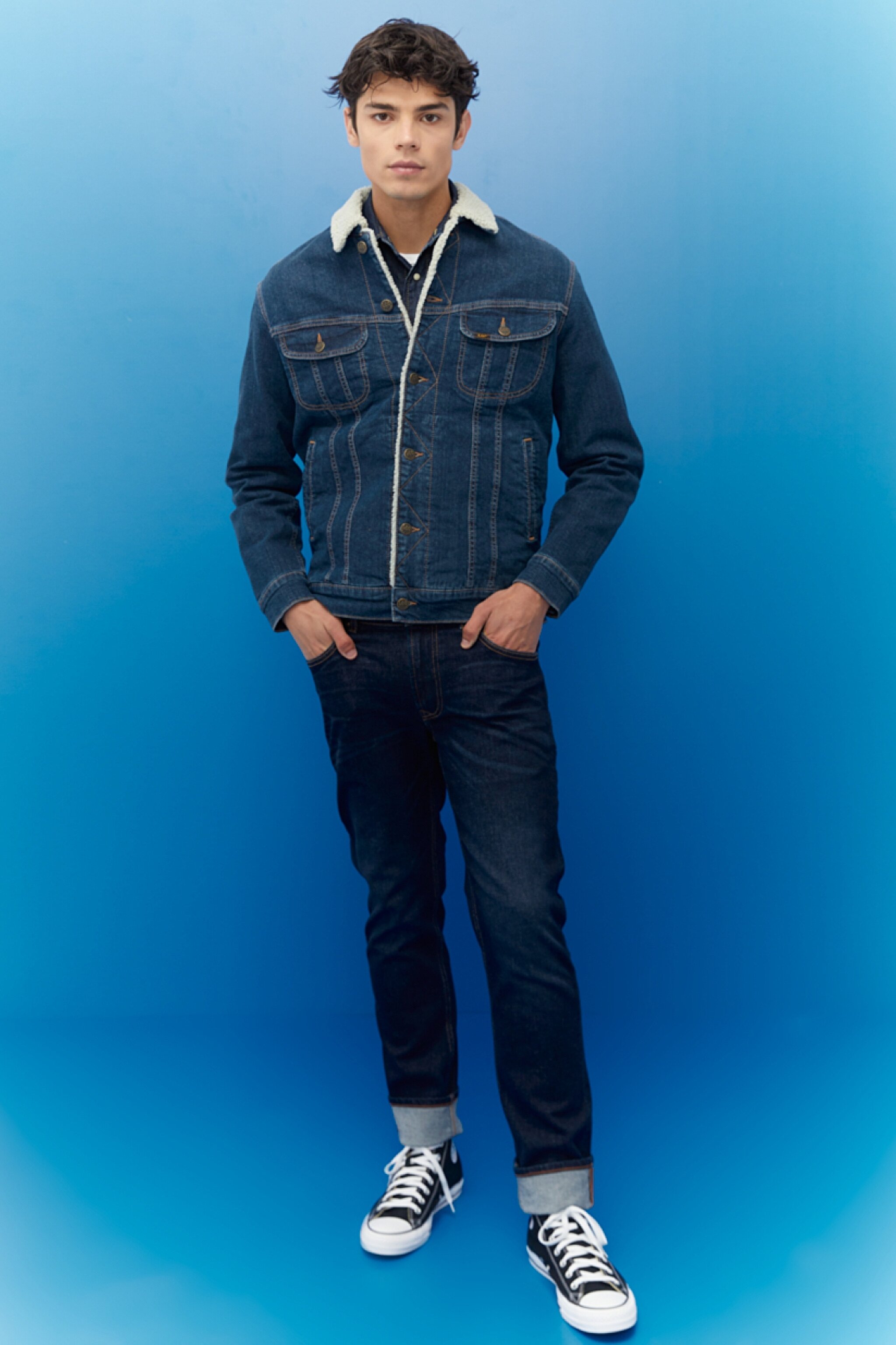 Regular Fit Normal Kesim Mavi Sherpa Jean Kot Ceket - Dark Blue-L87BSQZG (görsel 3)
