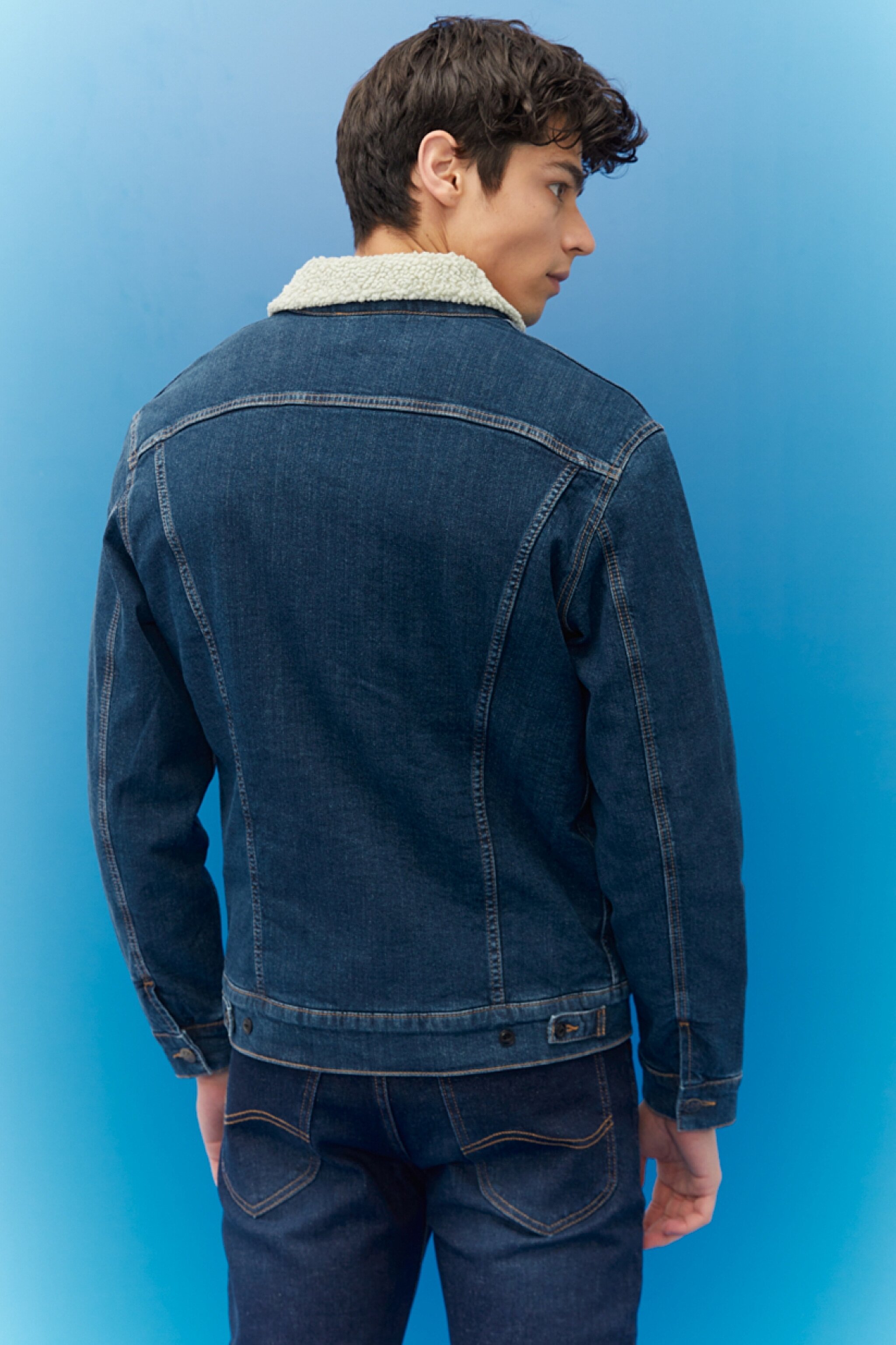 Regular Fit Normal Kesim Mavi Sherpa Jean Kot Ceket - Dark Blue-L87BSQZG (görsel 7)