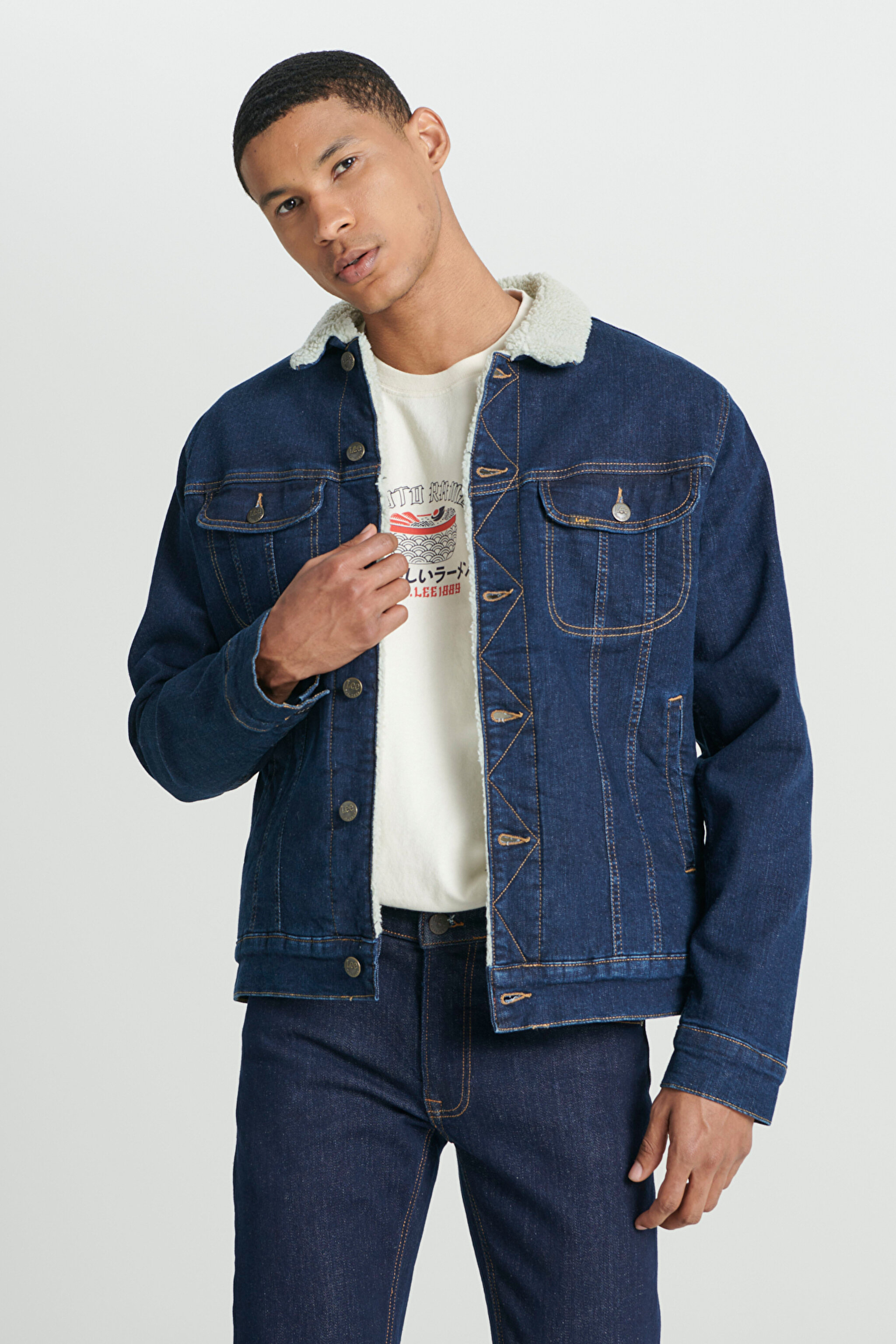 Regular Fit Normal Kesim Koyu Mavi Sherpa Jean Kot Ceket - Rinse-L87BVM36