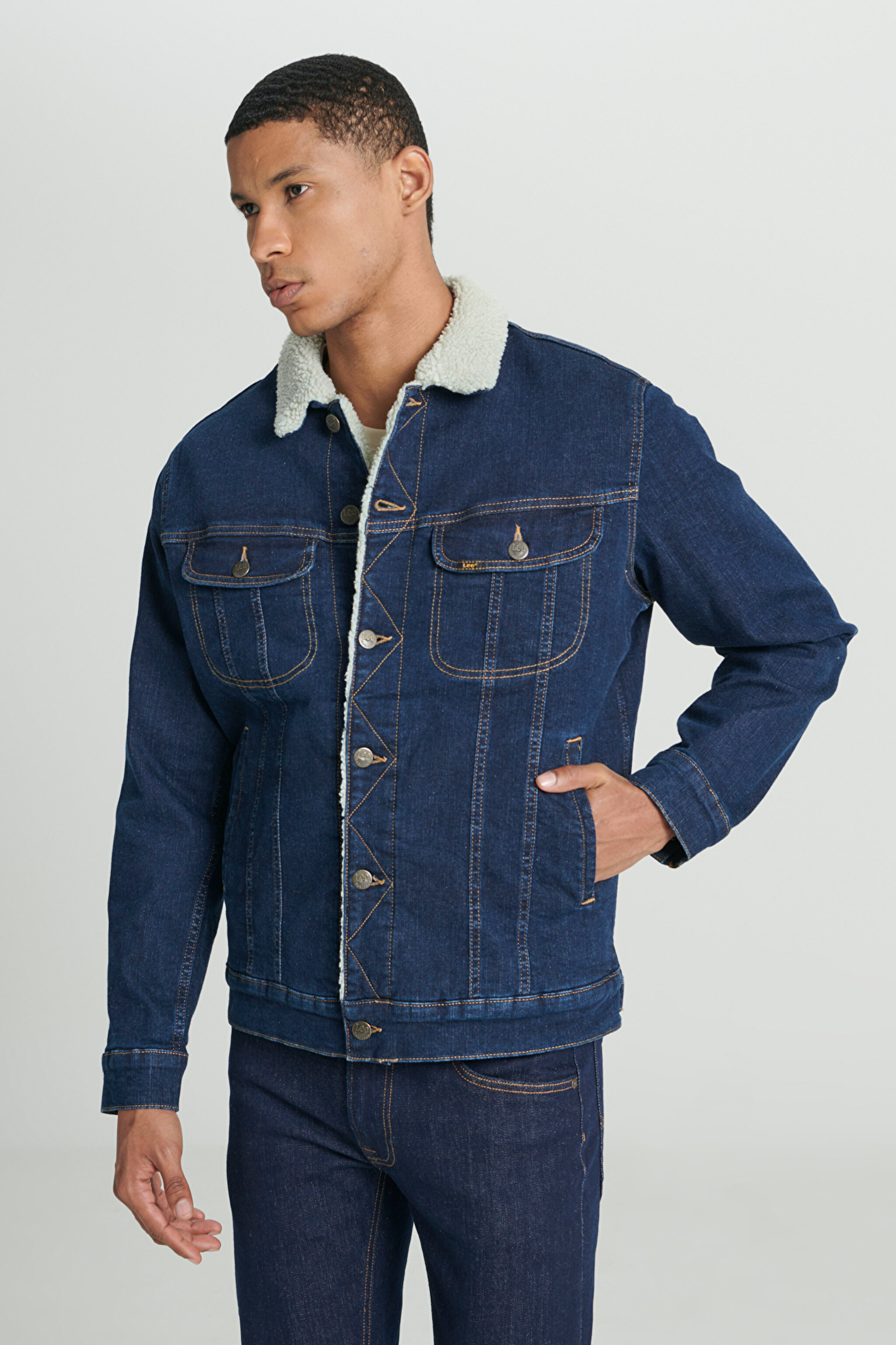 Regular Fit Normal Kesim Koyu Mavi Sherpa Jean Kot Ceket - Rinse-L87BVM36 (görsel 4)