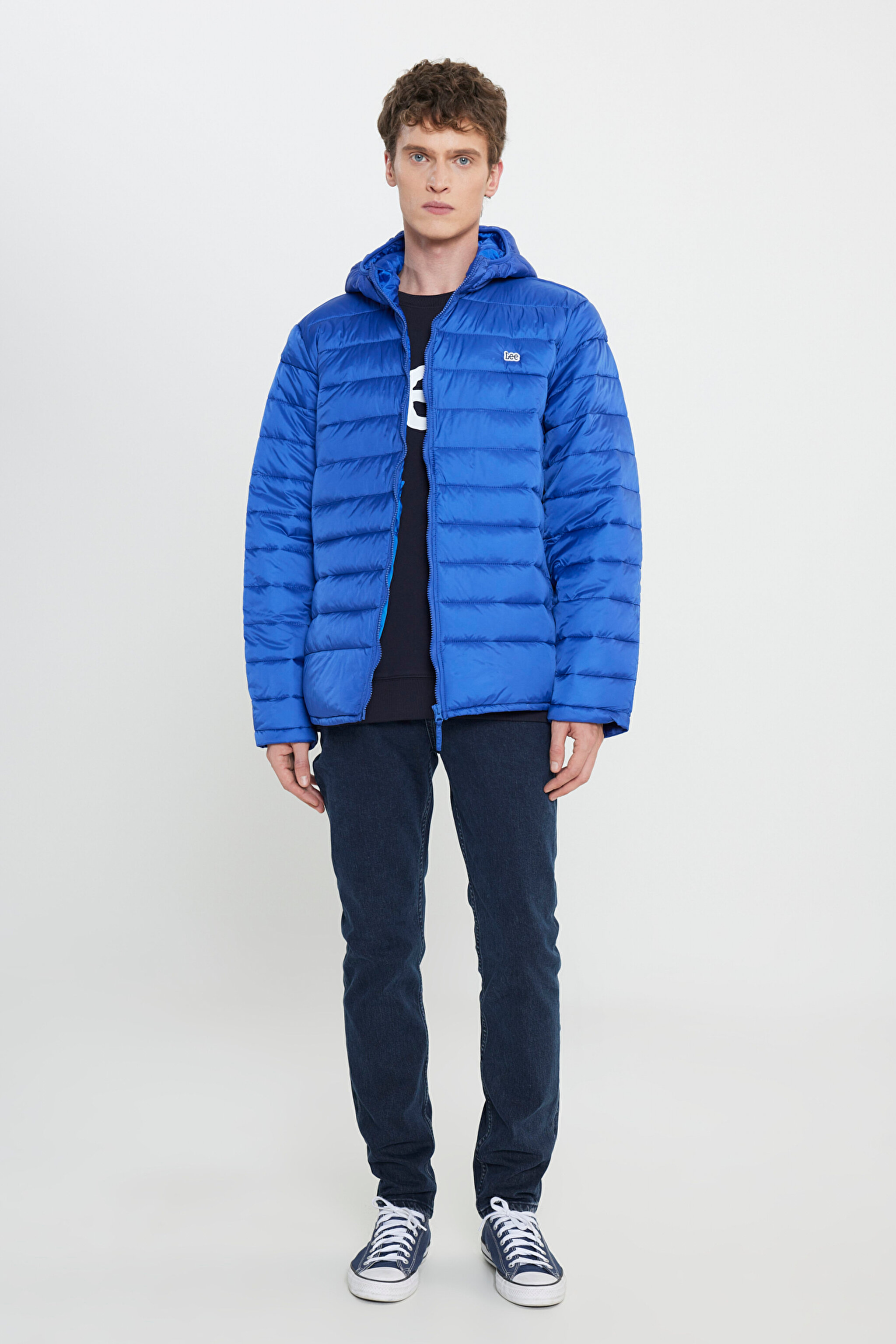 Regular Fit Normal Kesim Kapüşonlu Tam Fermuarlı Mavi Şişme Mont - Marine-L87HSZ54 (görsel 3)