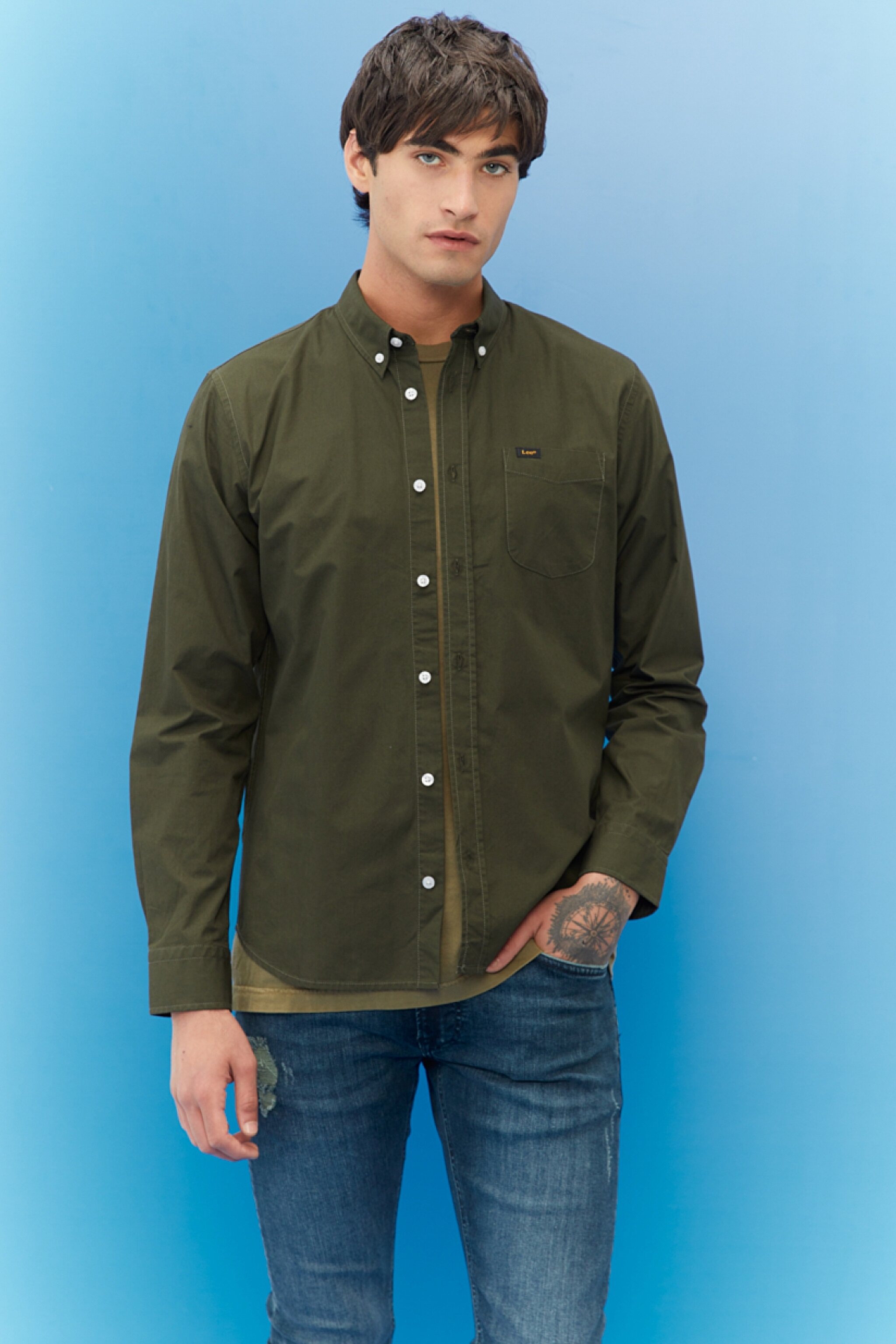 Regular Fit Normal Kesim %100 Pamuk Uzun Kollu Gömlek - Dark Khaki-L880JKOJ (görsel 2)