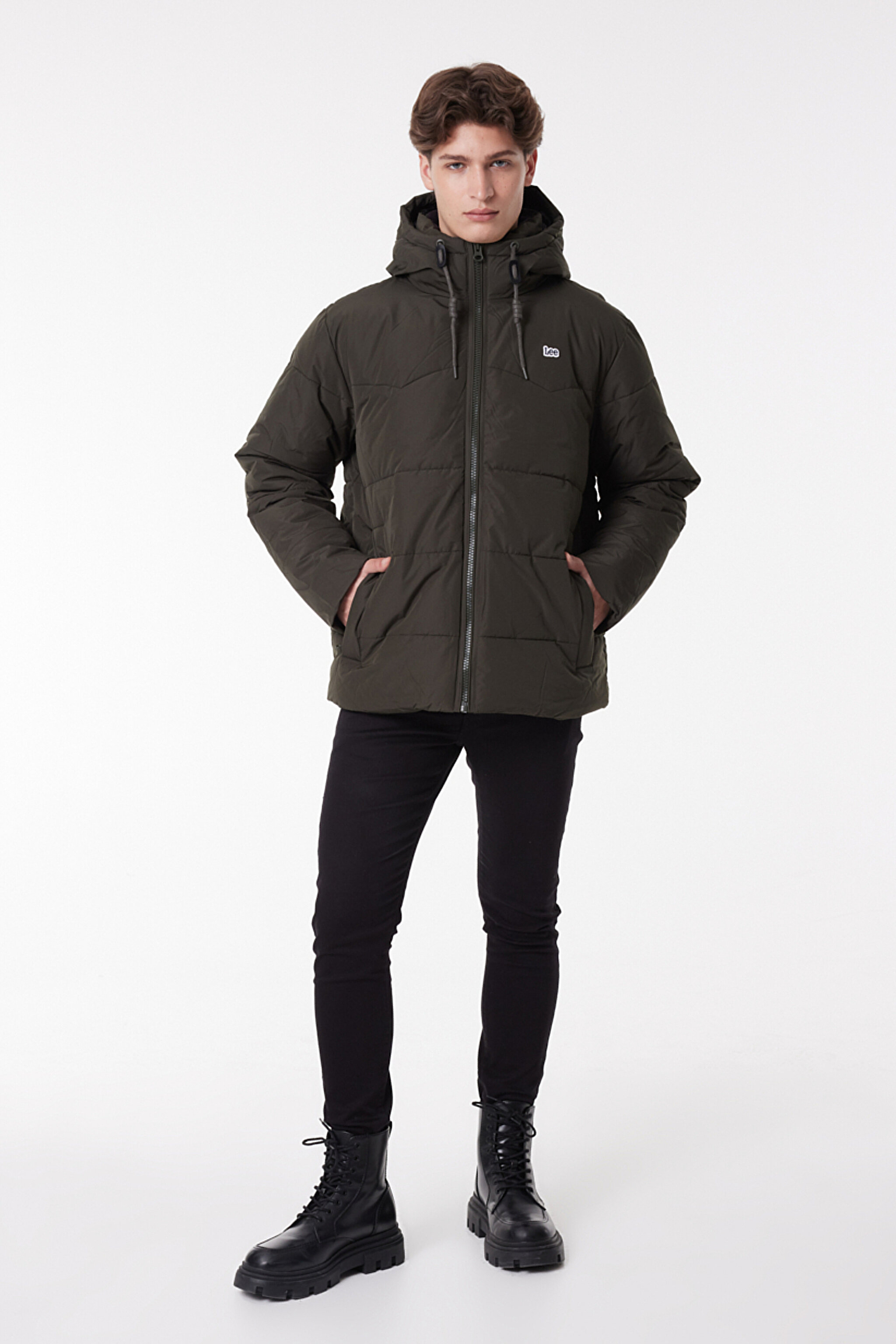 Regular Fit Normal Kesim Kapüşonlu Haki Şişme Mont