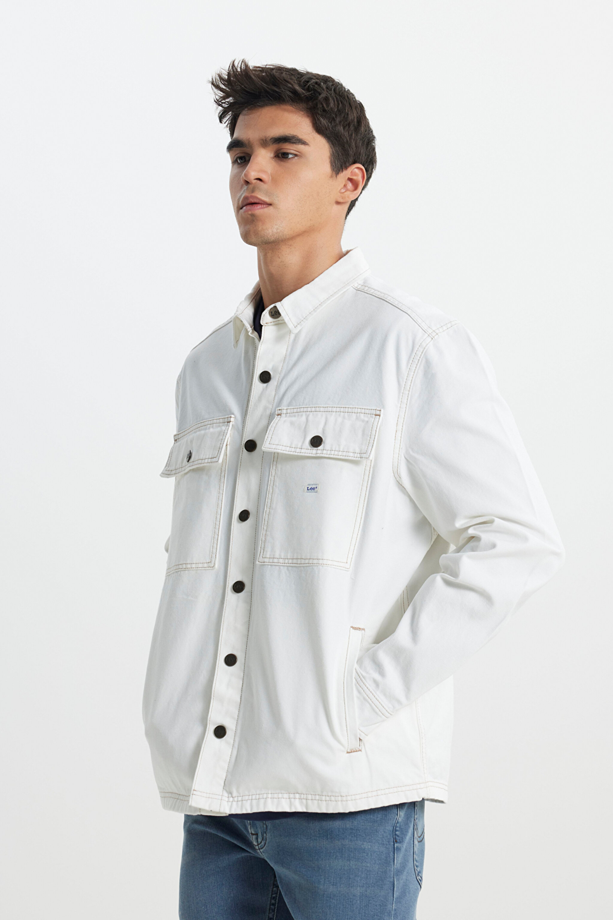 Workwear Oversize Fit Geniş Kesim %100 Pamuk Ekru Jean Kot Ceket - Raw-L89AJC49 (görsel 3)