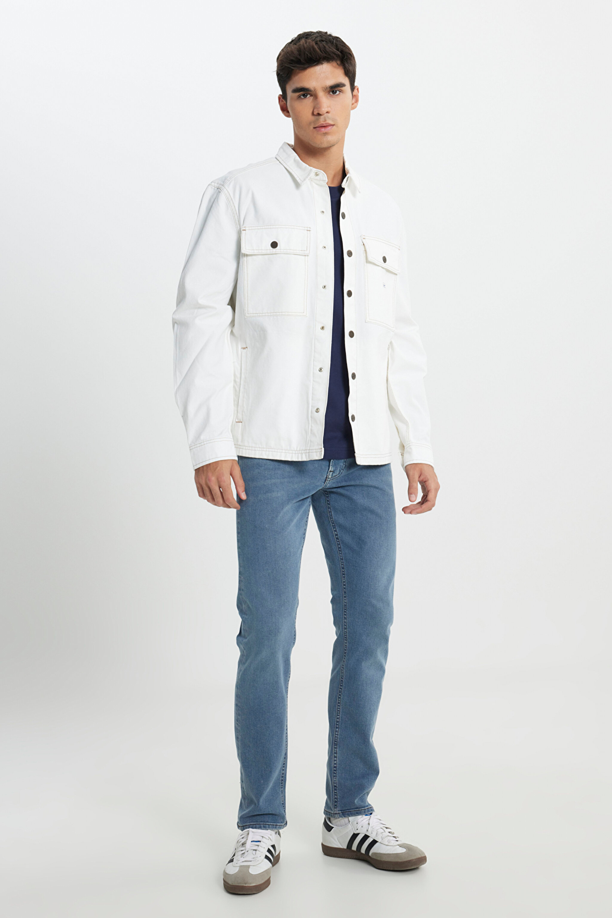 Workwear Oversize Fit Geniş Kesim %100 Pamuk Ekru Jean Kot Ceket - Raw-L89AJC49 (görsel 5)