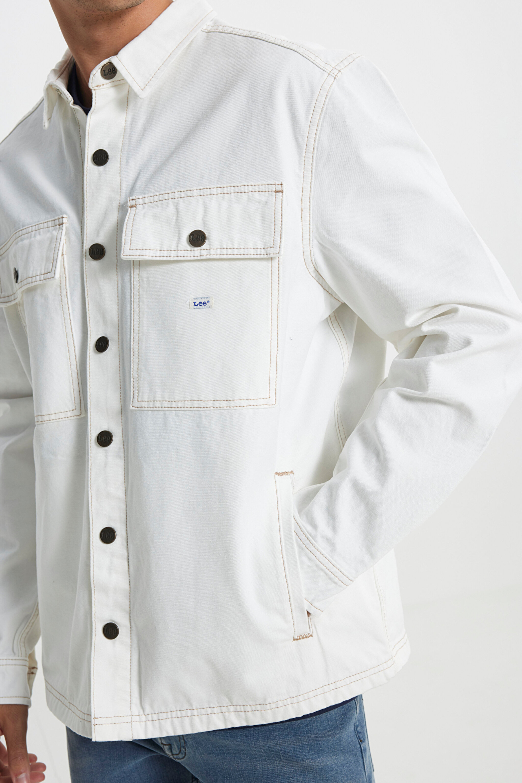 Workwear Oversize Fit Geniş Kesim %100 Pamuk Ekru Jean Kot Ceket - Raw-L89AJC49 (görsel 7)