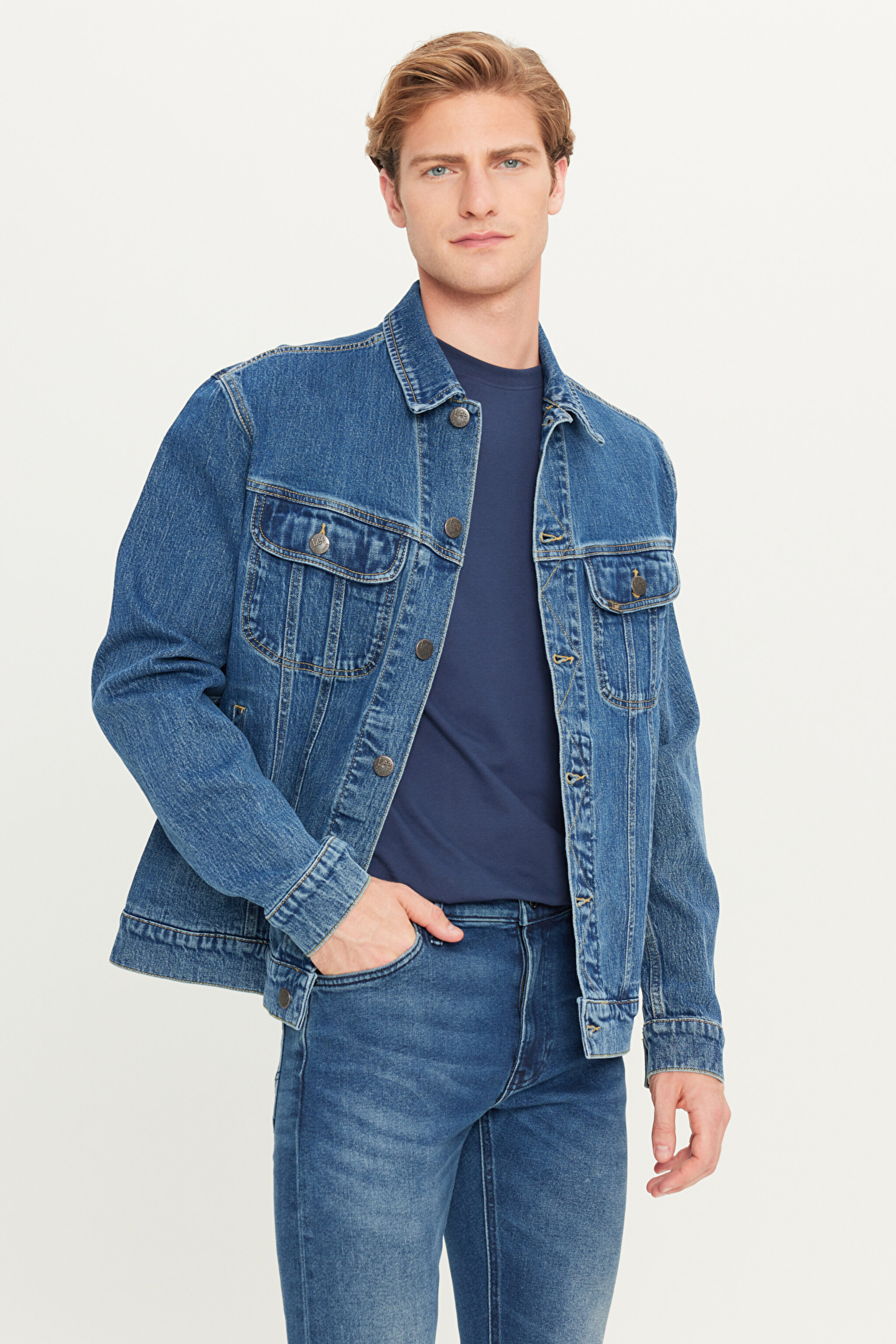 Regular Fit Normal Kesim Pamuklu Esnek İndigo Jean Denim Ceket - Mid Indigo-L89Z00002381 (görsel 2)