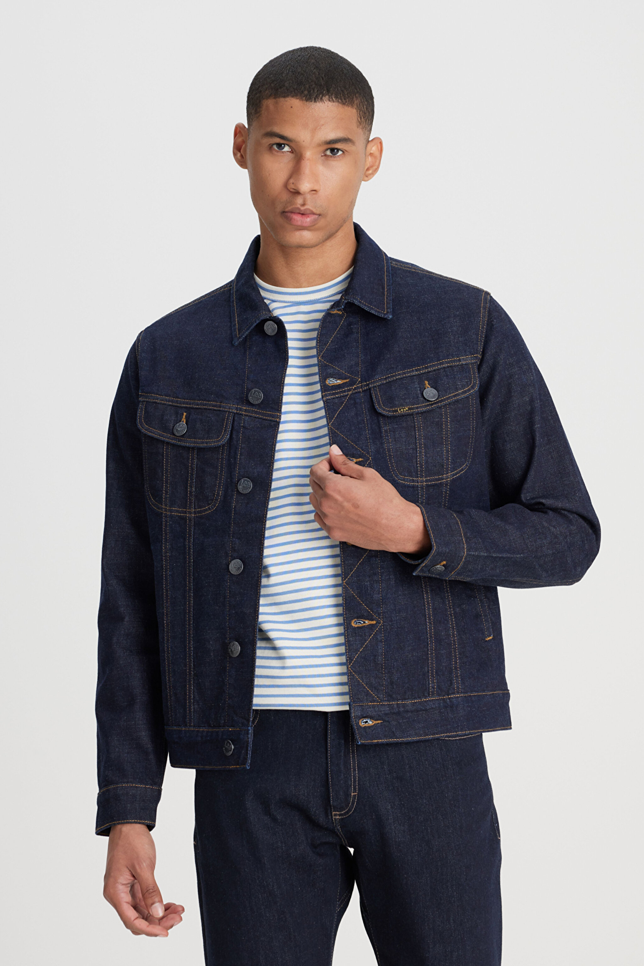 Regular Fit Normal Kesim %100 Pamuk Ekru Trucker Jean Kot Ceket - Dark Blue-L89ZLJ049 (görsel 2)