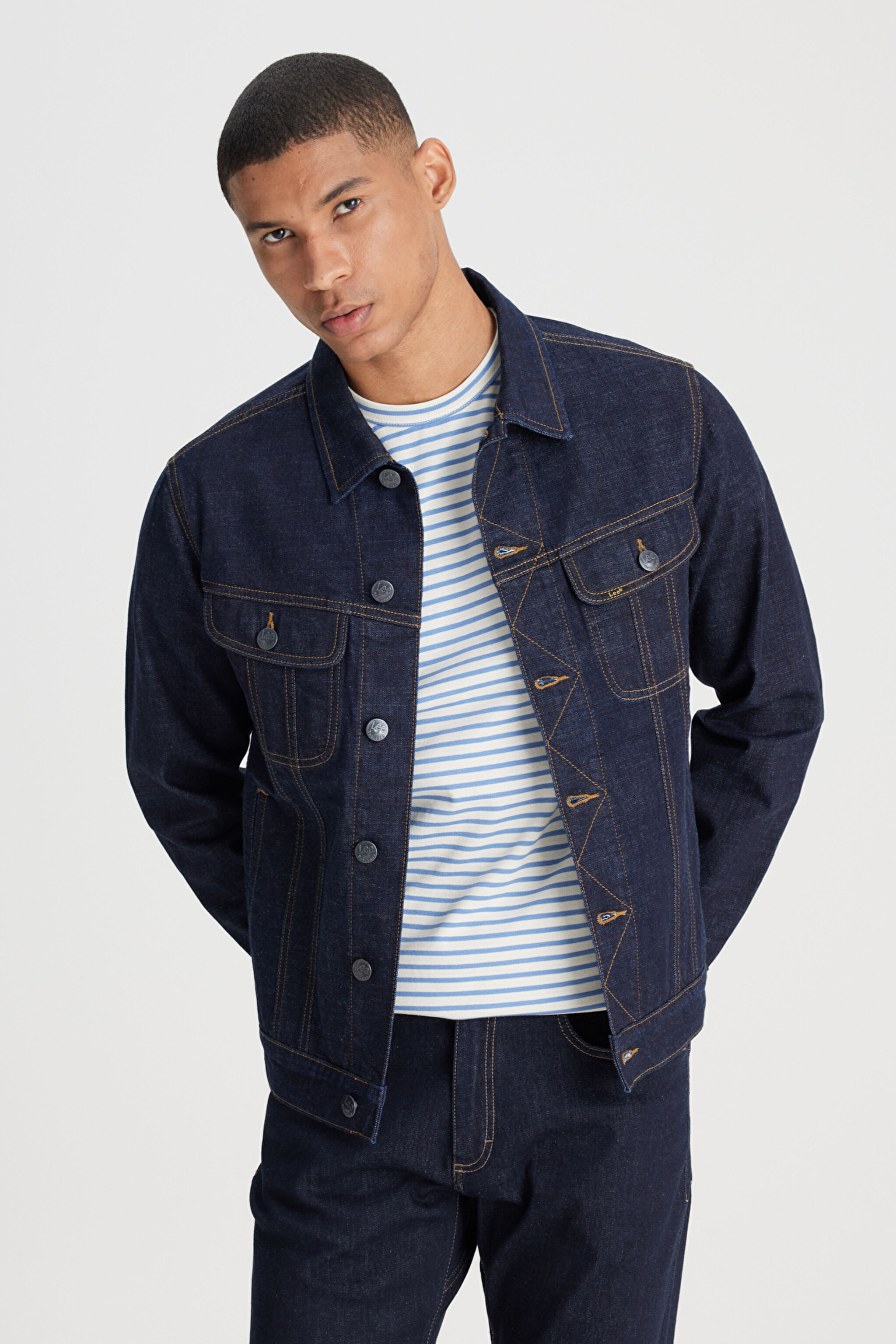 Regular Fit Normal Kesim %100 Pamuk Ekru Trucker Jean Kot Ceket - Dark Blue-L89ZLJ049 (görsel 3)