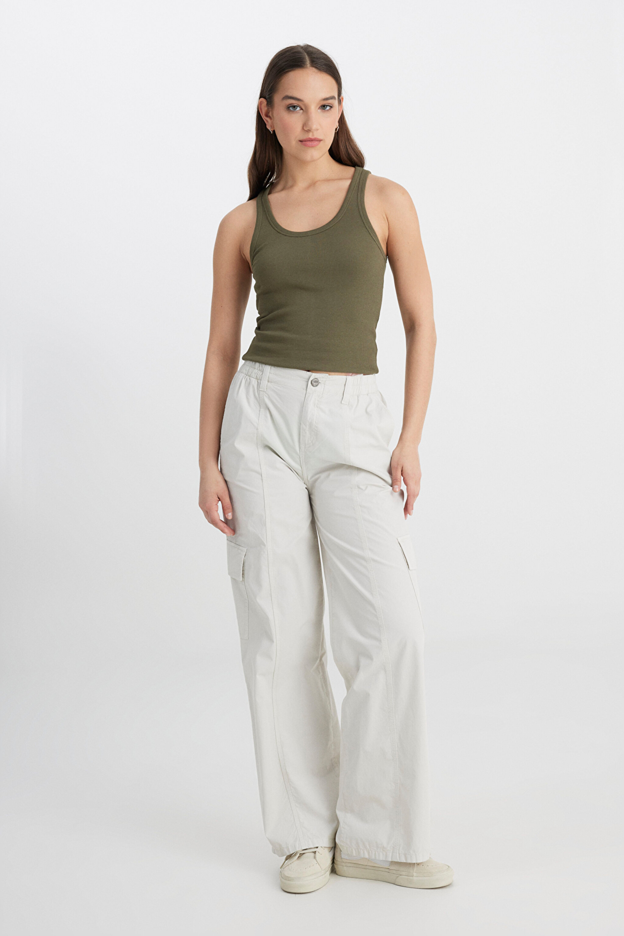 Loose Fit Rahat Kesim Yüksek Bel Geniş Paça %100 Pamuk Ekru Kargo Pantolon - Ecru-LCAP002104