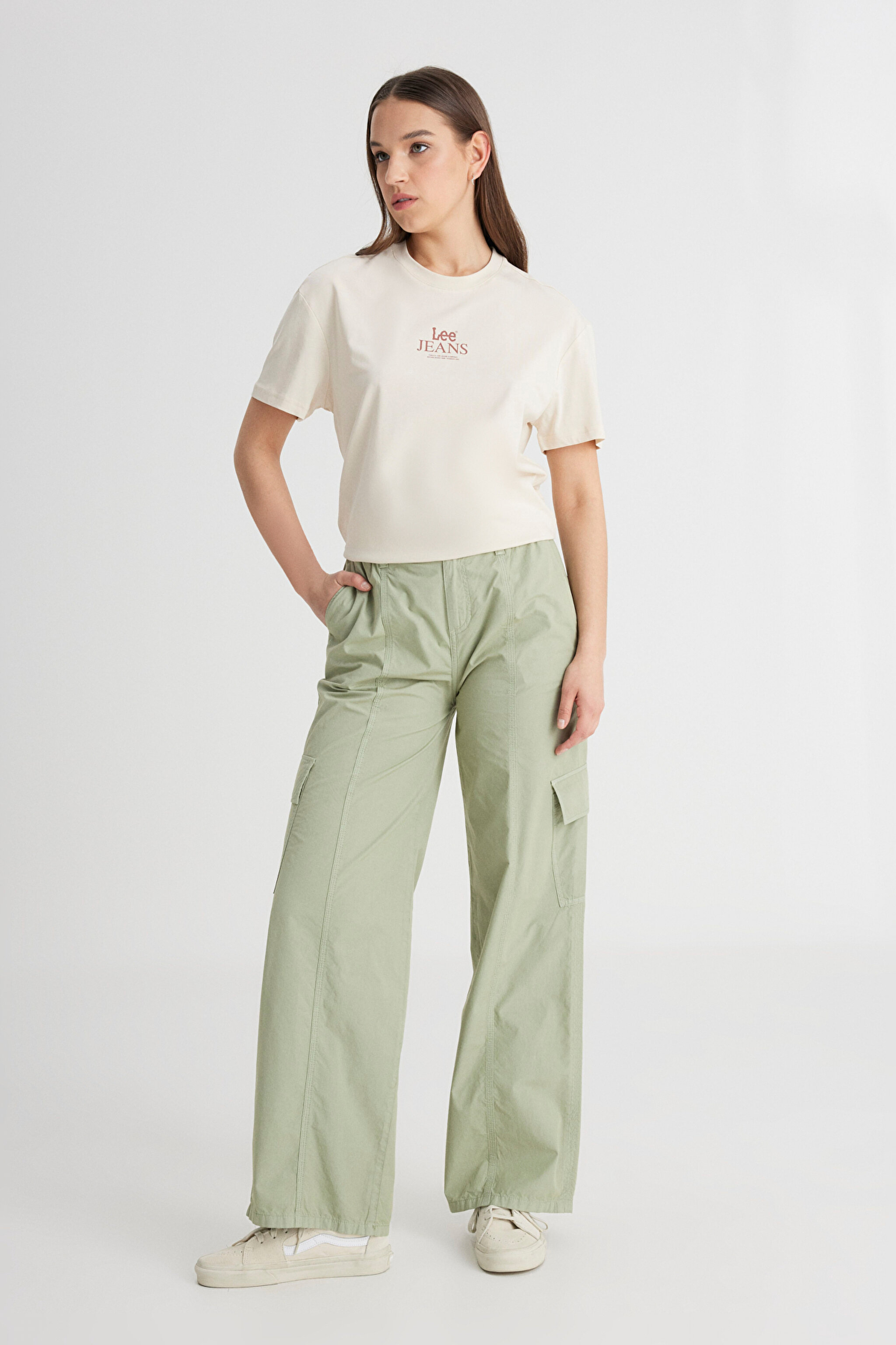 Loose Fit Rahat Kesim Yüksek Bel Geniş Paça %100 Pamuk Haki Kargo Pantolon - Green-LCAP002A11 (görsel 2)
