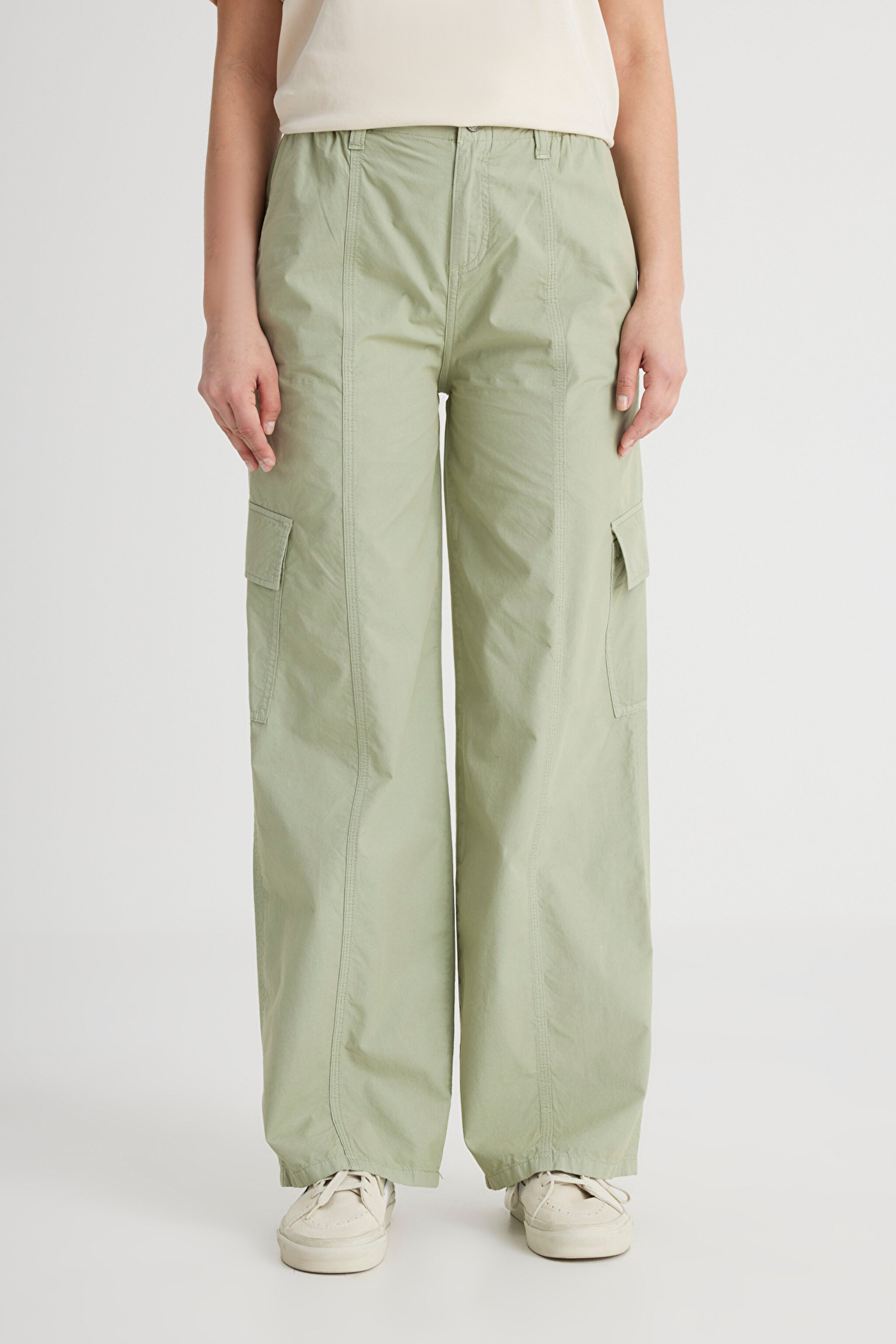 Loose Fit Rahat Kesim Yüksek Bel Geniş Paça %100 Pamuk Haki Kargo Pantolon - Green-LCAP002A11 (görsel 5)