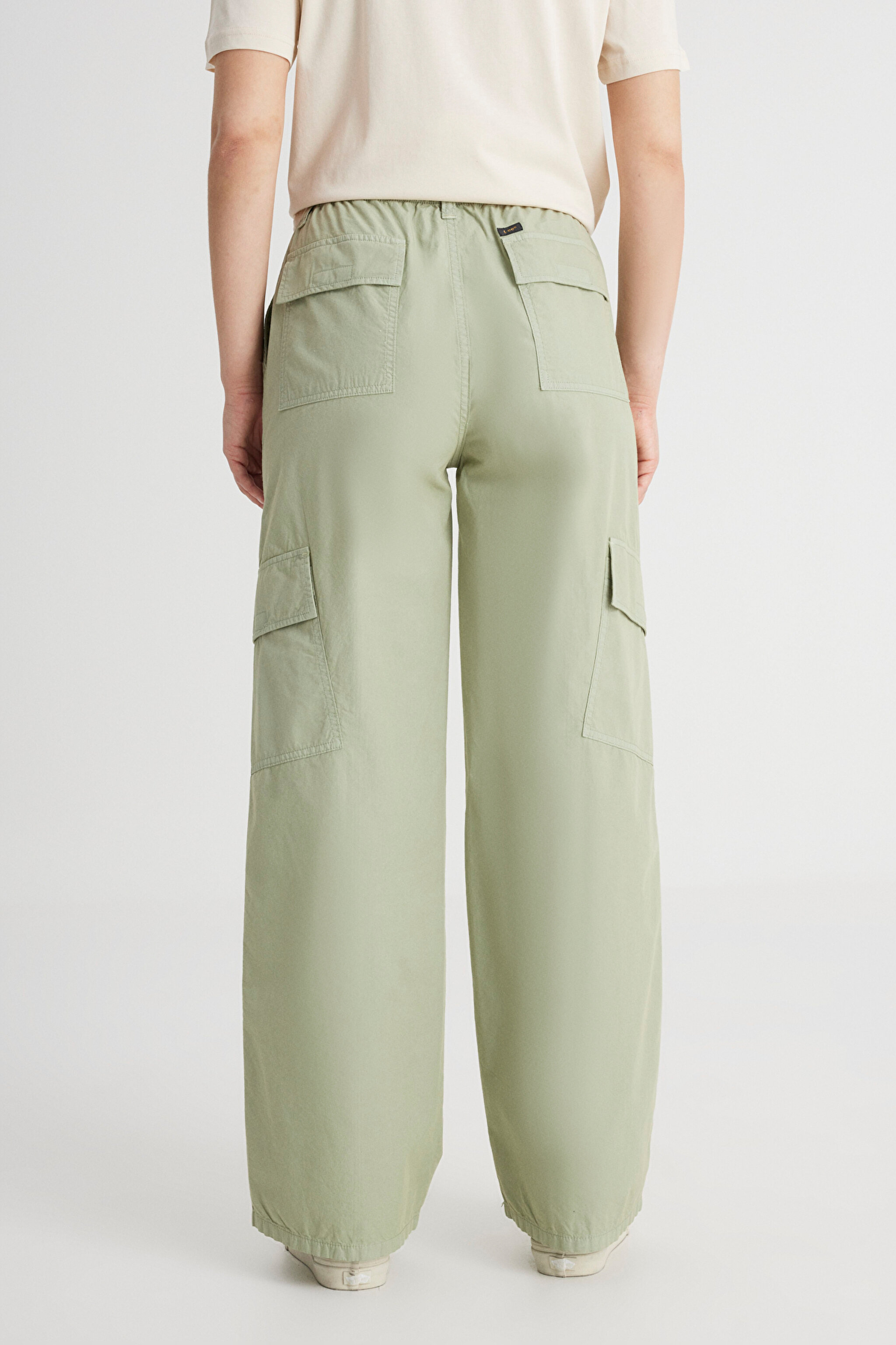 Loose Fit Rahat Kesim Yüksek Bel Geniş Paça %100 Pamuk Haki Kargo Pantolon - Green-LCAP002A11 (görsel 6)