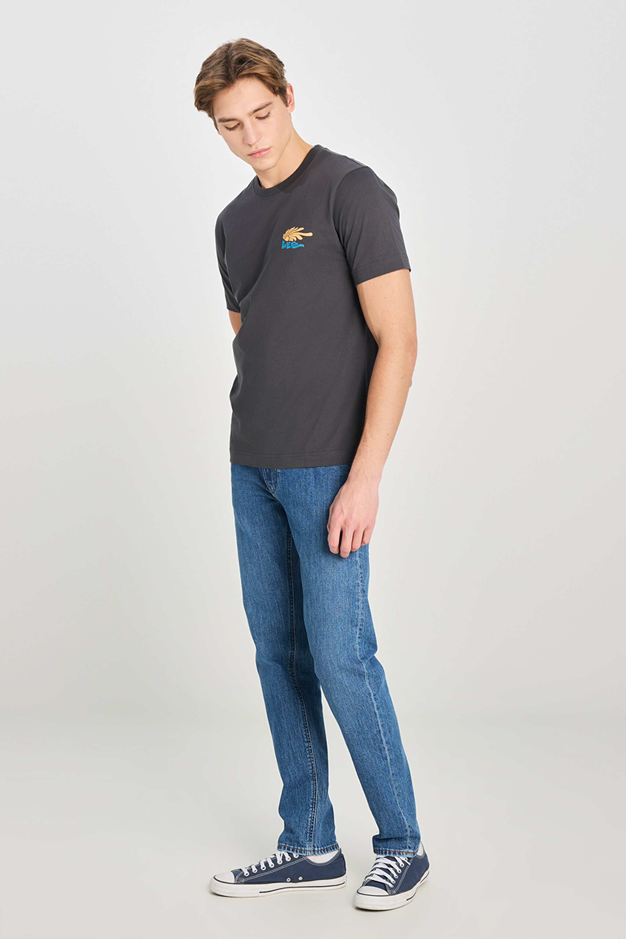 %100 Pamuk Regular Fit Normal Kesim Bisiklet Yaka Baskılı Antrasit Tişört - Anthracite-LD725771003 (görsel 4)